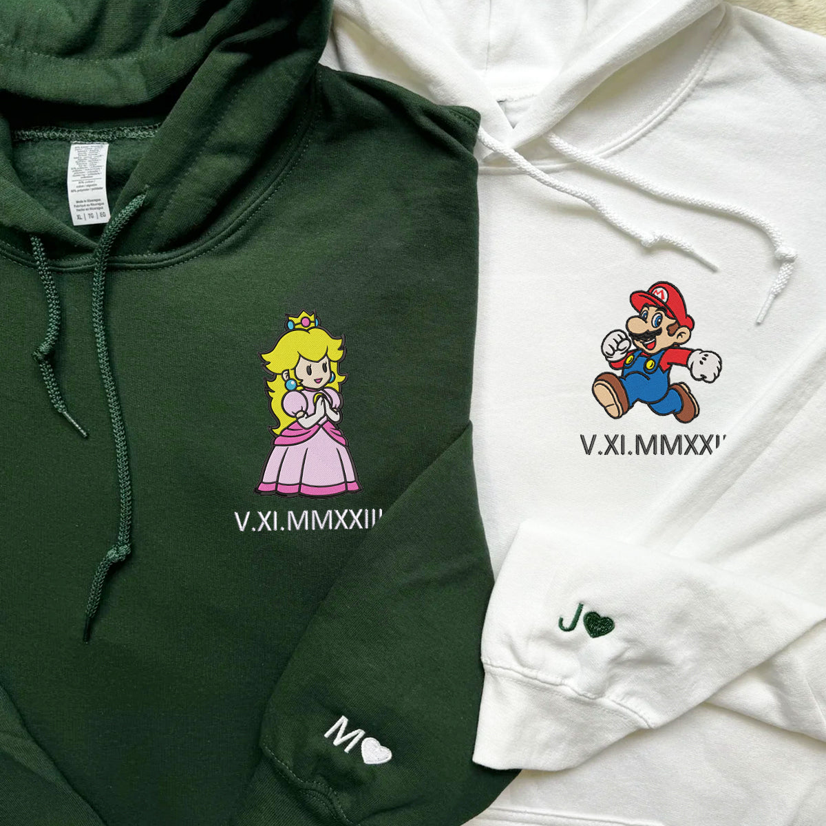 Custom Embroidered Roman Numeral Hoodies For Couples, Cute Cartoon Gamer Love Couples Hoodie