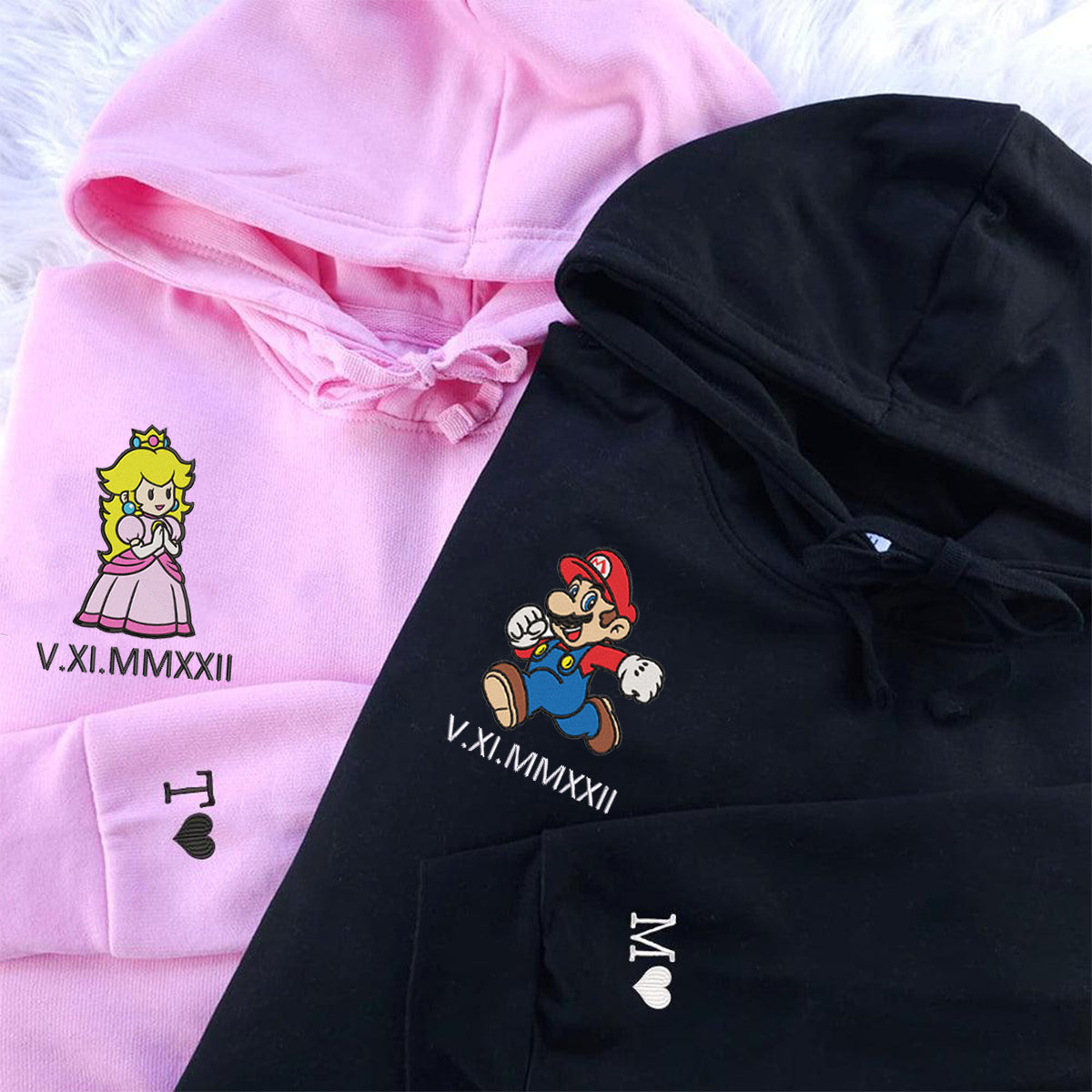 Custom Embroidered Roman Numeral Hoodies For Couples, Cute Cartoon Gamer Love Couples Hoodie