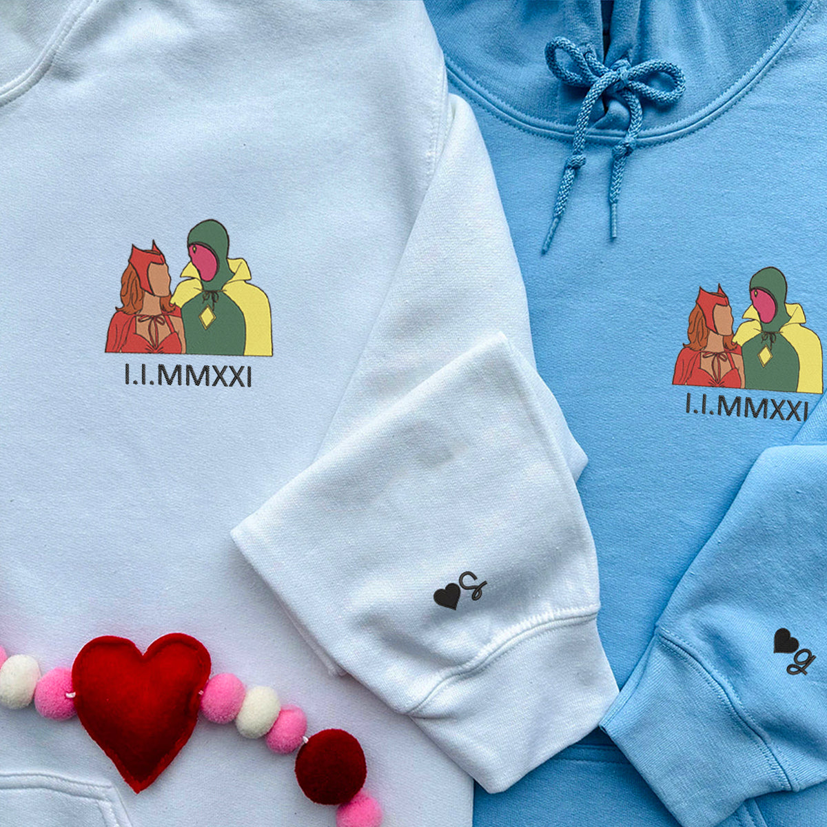 Custom Embroidered Roman Numeral Hoodies For Couples, Roman Numeral Date Hoodie, An Unusual Couples Embroidered Hoodie