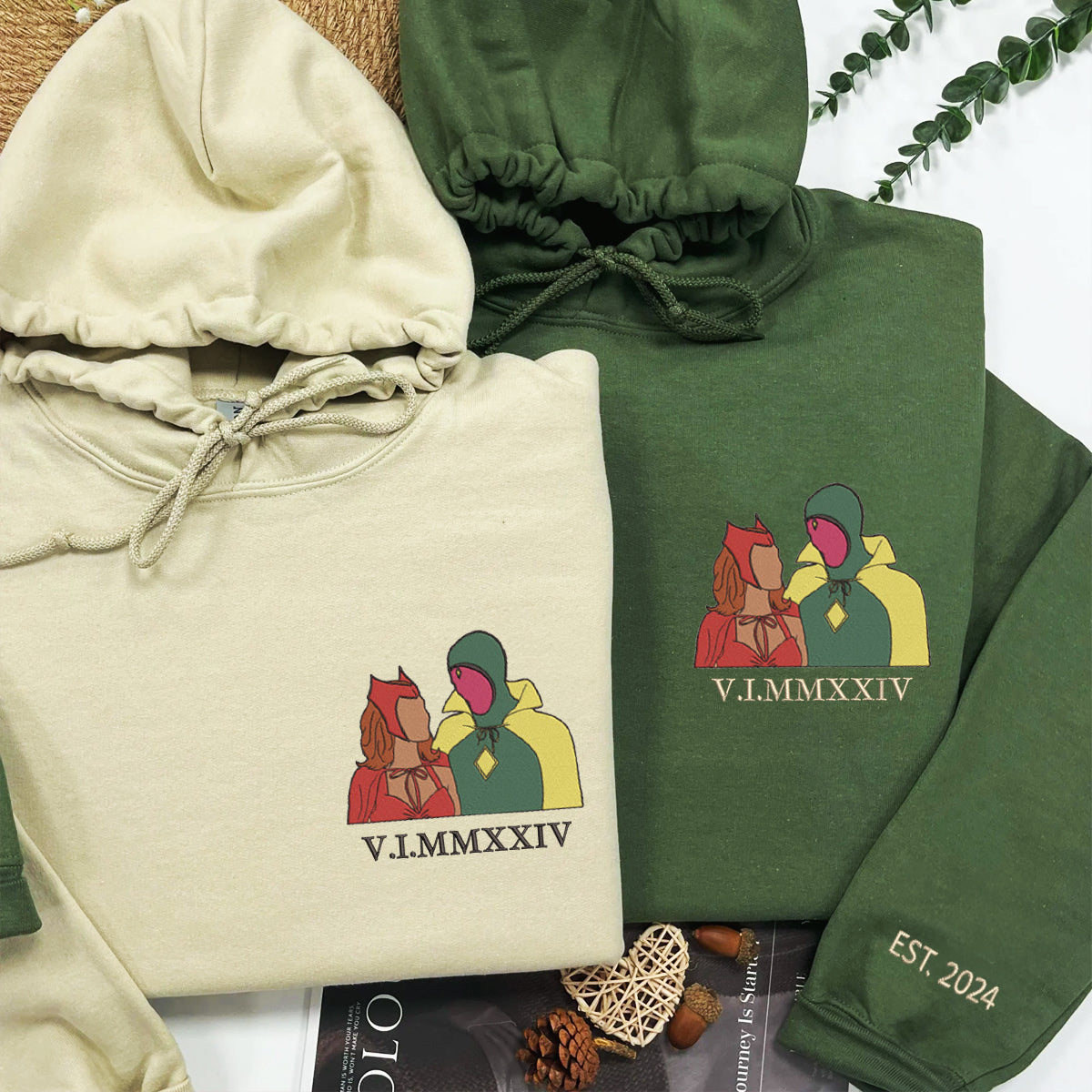 Custom Embroidered Roman Numeral Hoodies For Couples, Roman Numeral Date Hoodie, An Unusual Couples Embroidered Hoodie
