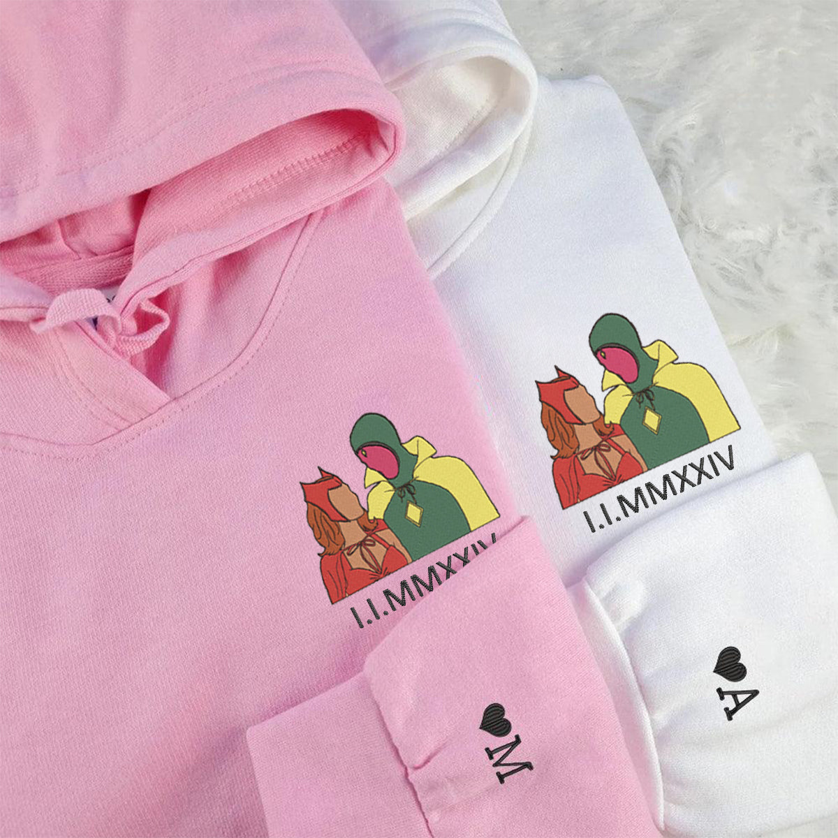 Custom Embroidered Roman Numeral Hoodies For Couples, Roman Numeral Date Hoodie, An Unusual Couples Embroidered Hoodie
