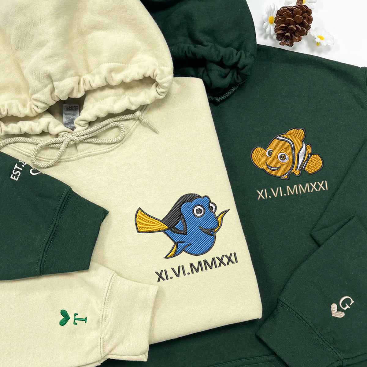 Custom Embroidered Roman Numeral Hoodies For Couples, Roman Numeral Date Hoodie, Cartoon Fish Couples Embroidered Hoodie