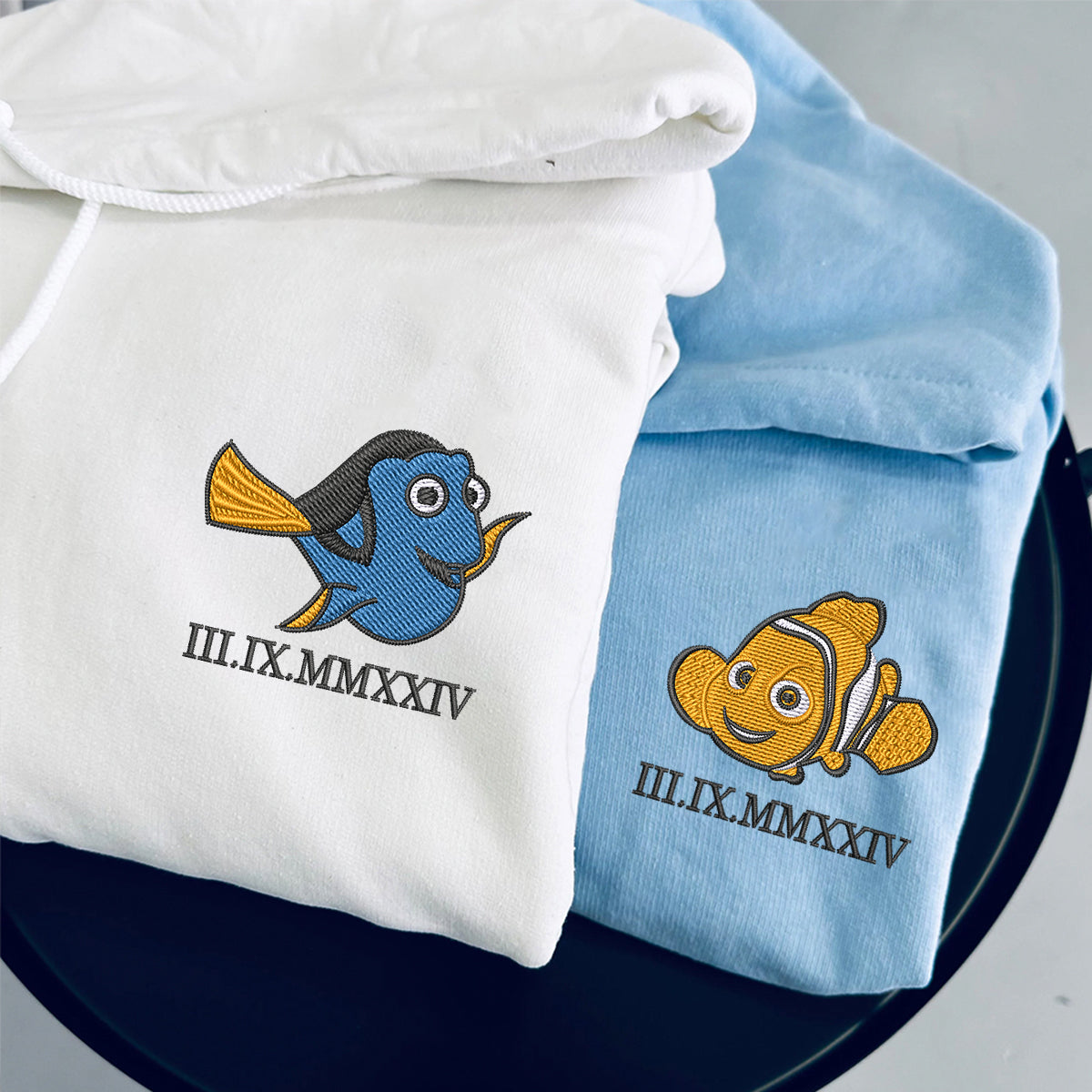Custom Embroidered Roman Numeral Hoodies For Couples, Roman Numeral Date Hoodie, Cartoon Fish Couples Embroidered Hoodie