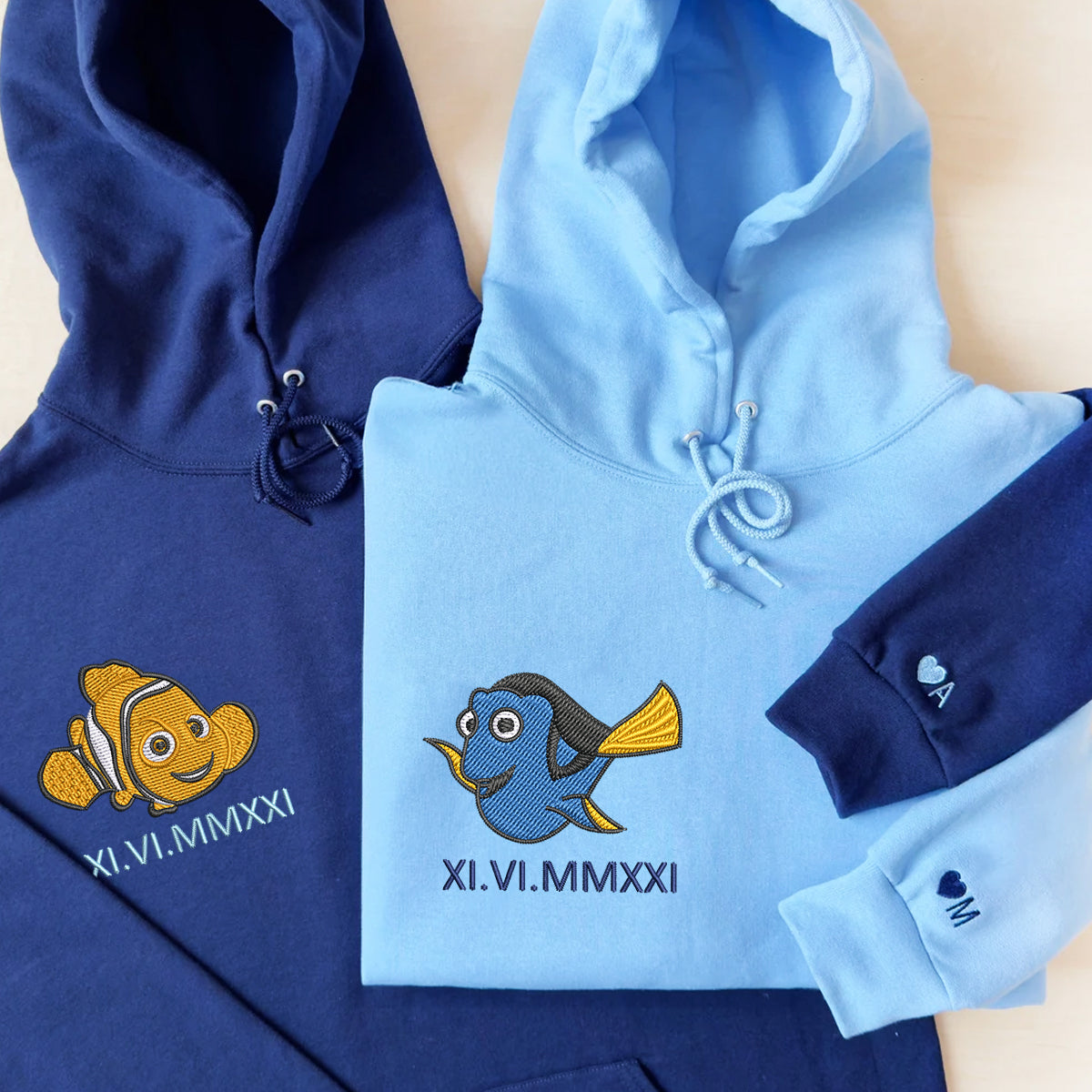 Custom Embroidered Roman Numeral Hoodies For Couples, Roman Numeral Date Hoodie, Cartoon Fish Couples Embroidered Hoodie