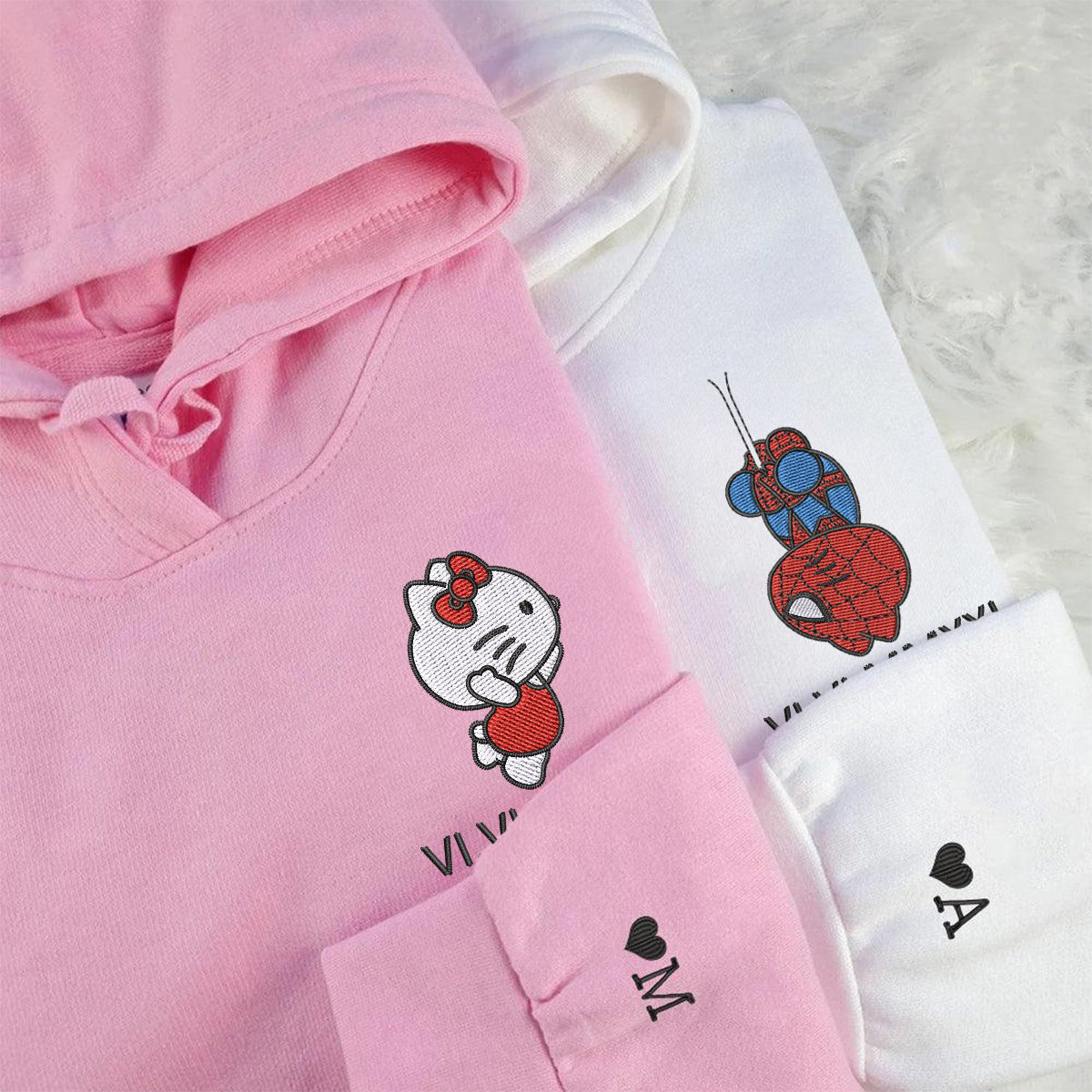 Custom Embroidered Roman Numeral Hoodies For Couples, Roman Numeral Date Hoodie, Cartoon Spider and Kitten Couples Embroidered Hoodie V1