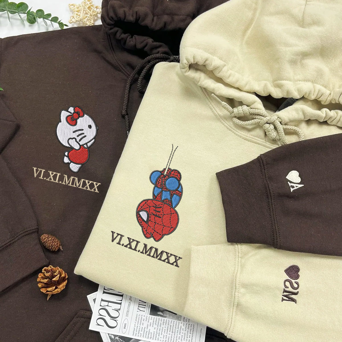 Custom Embroidered Roman Numeral Hoodies For Couples, Roman Numeral Date Hoodie, Cartoon Spider and Kitten Couples Embroidered Hoodie V1