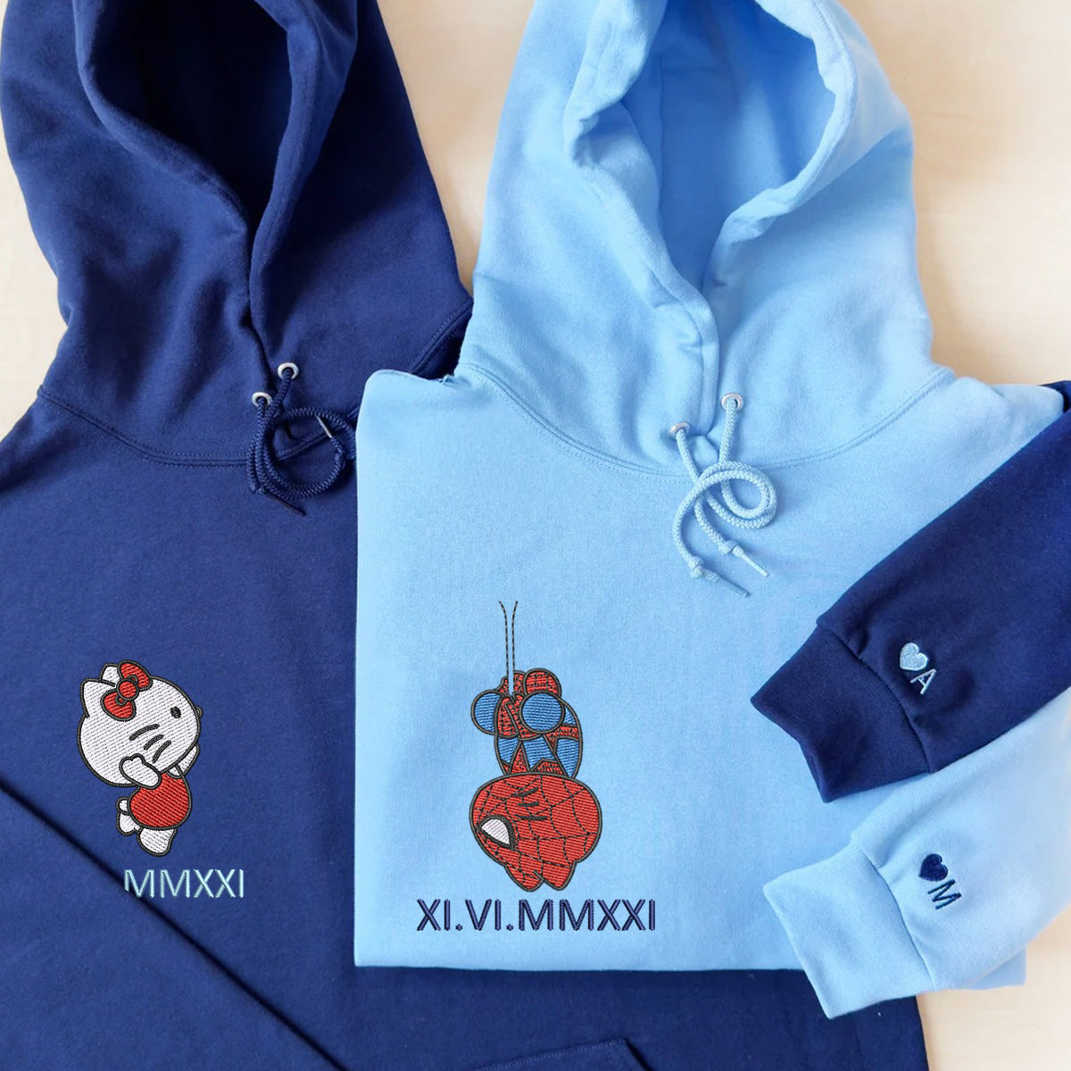 Custom Embroidered Roman Numeral Hoodies For Couples, Roman Numeral Date Hoodie, Cartoon Spider and Kitten Couples Embroidered Hoodie V1