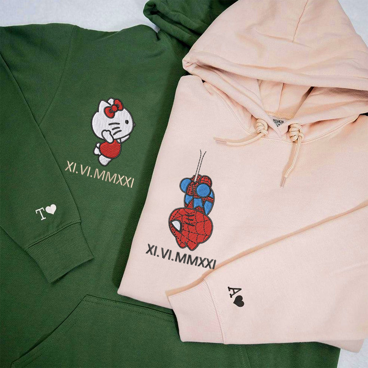 Custom Embroidered Roman Numeral Hoodies For Couples, Roman Numeral Date Hoodie, Cartoon Spider and Kitten Couples Embroidered Hoodie V1