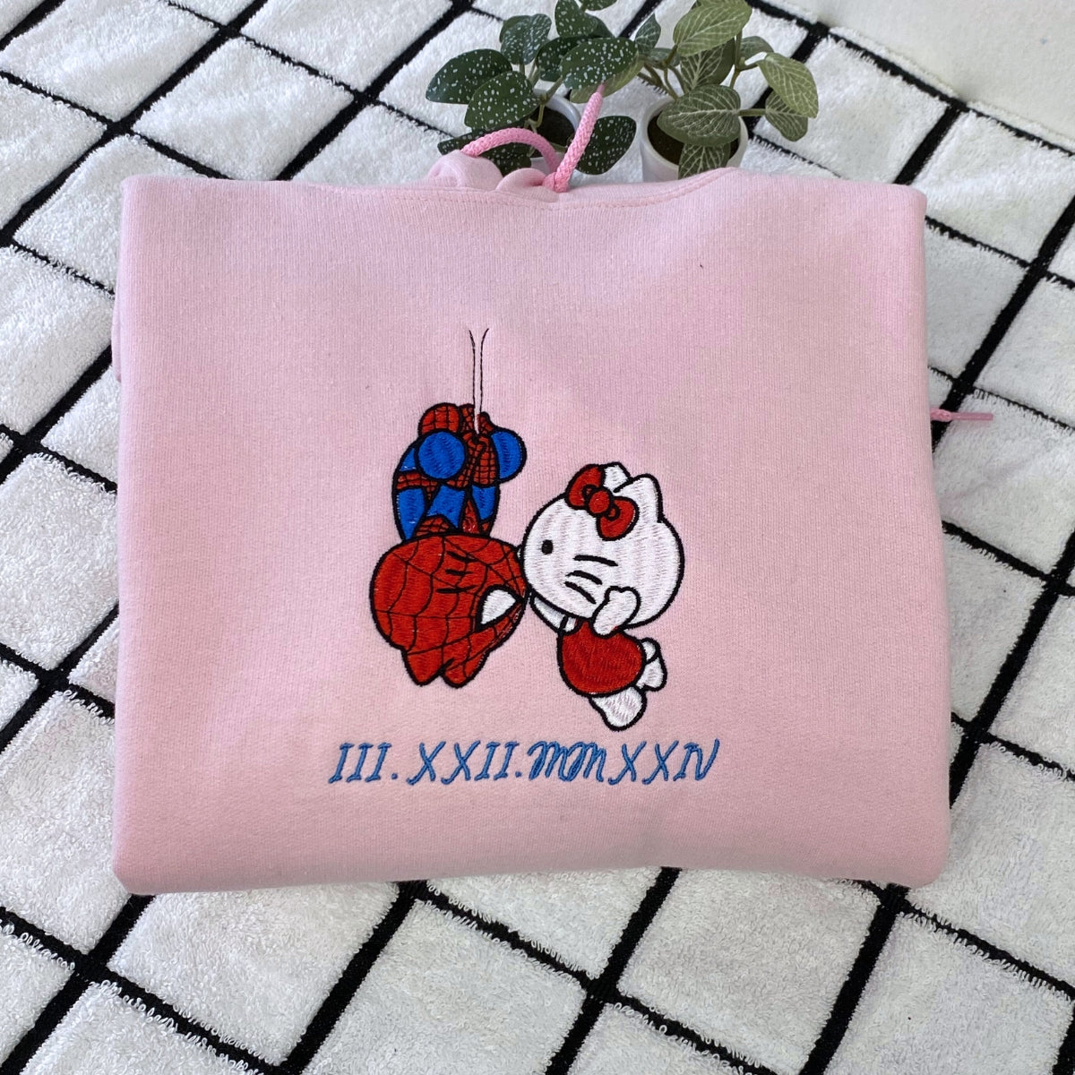 Custom Embroidered Roman Numeral Hoodies For Couples, Roman Numeral Date Hoodie, Cartoon Spider and Kitten Couples Embroidered Hoodie V2