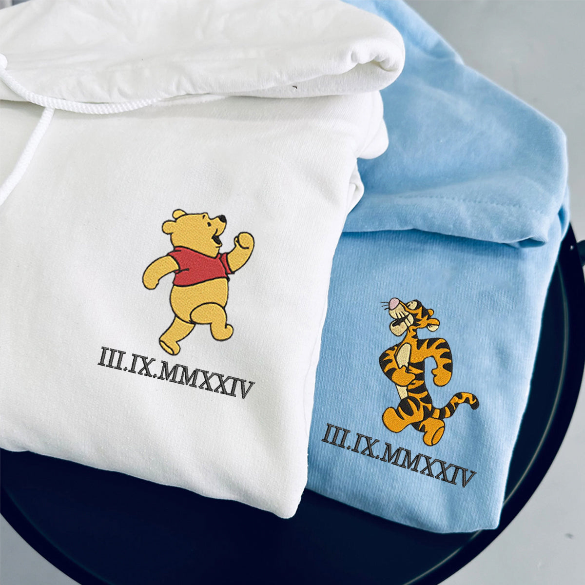 Custom Embroidered Roman Numeral Hoodies For Couples, Roman Numeral Date Hoodie, Cartoon Tiger x Bear Couples Embroidered Hoodie