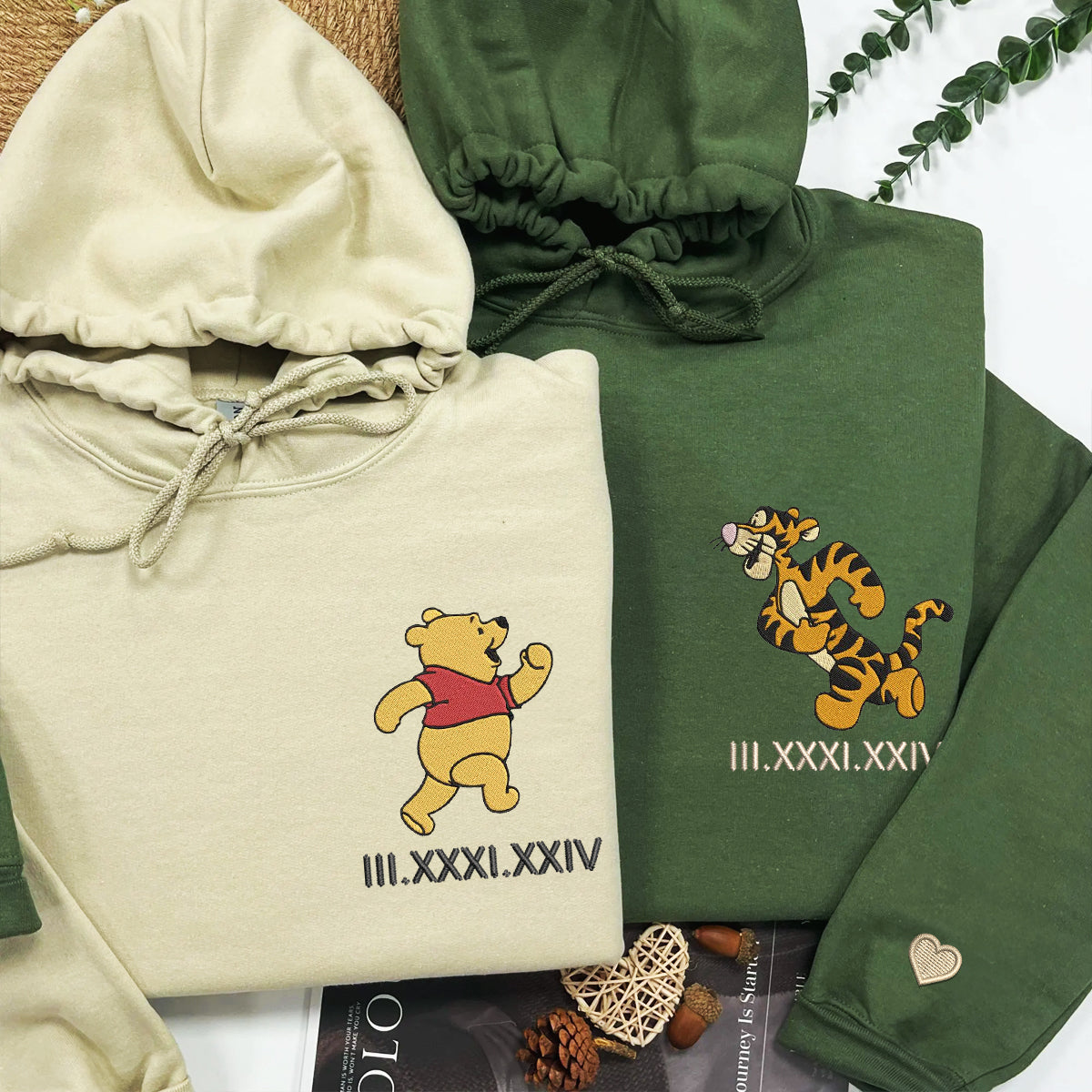 Custom Embroidered Roman Numeral Hoodies For Couples, Roman Numeral Date Hoodie, Cartoon Tiger x Bear Couples Embroidered Hoodie