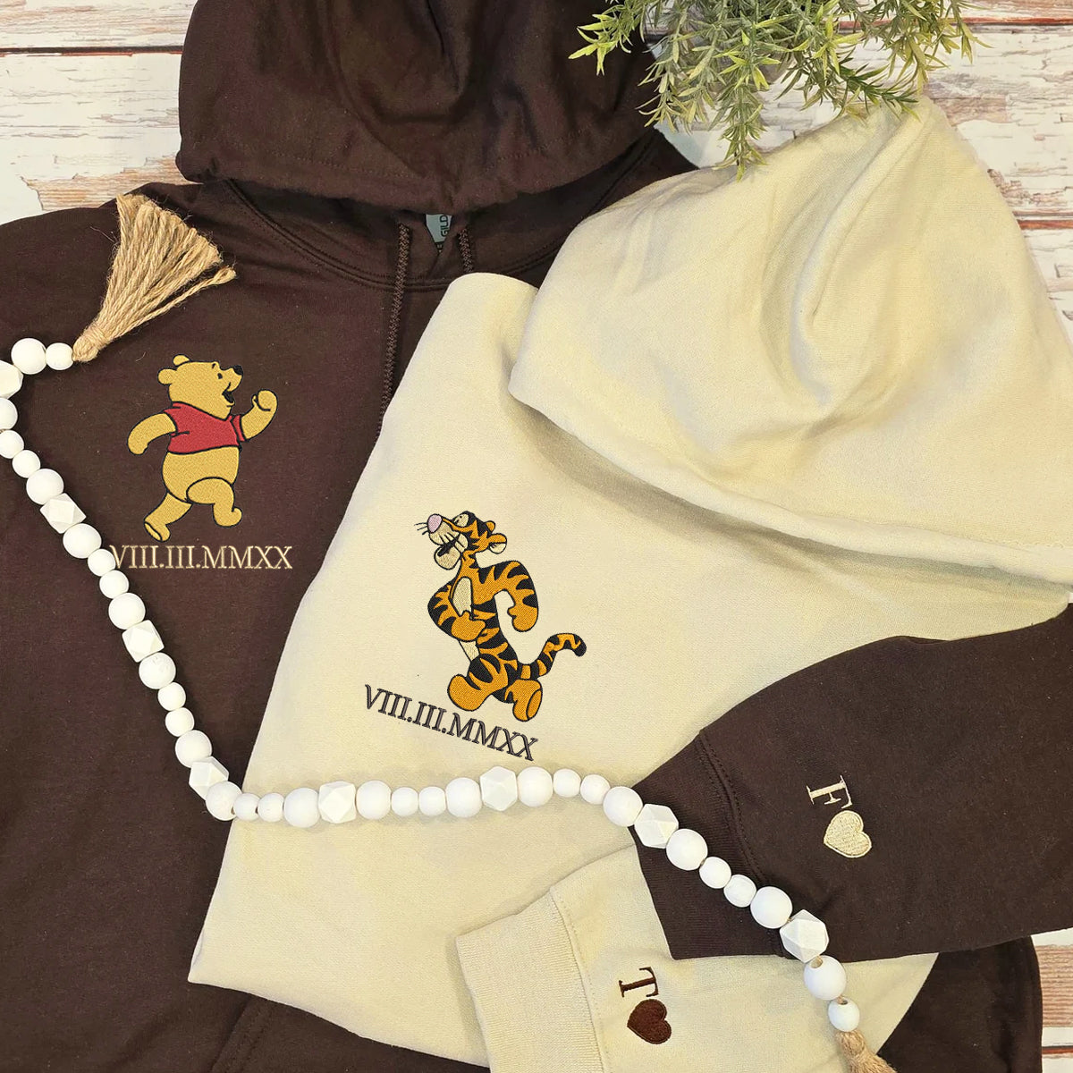 Custom Embroidered Roman Numeral Hoodies For Couples, Roman Numeral Date Hoodie, Cartoon Tiger x Bear Couples Embroidered Hoodie