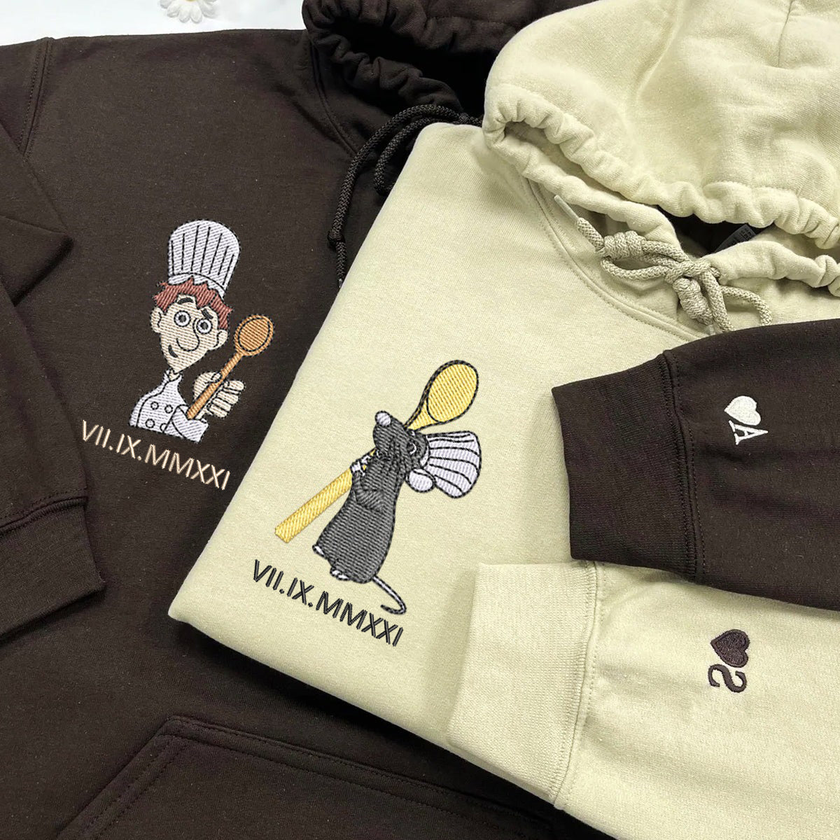 Custom Embroidered Roman Numeral Hoodies For Couples, Roman Numeral Date Hoodie, Chef x Mouse Cartoon Couples Embroidered Hoodie