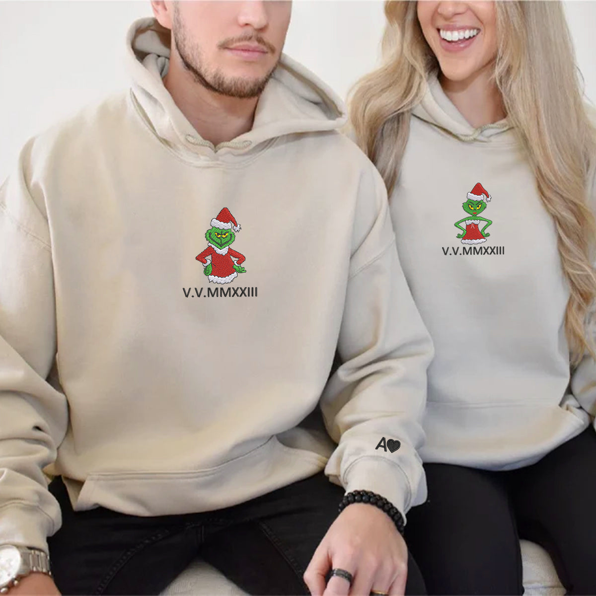 Custom Embroidered Roman Numeral Hoodies For Couples, Roman Numeral Date Hoodie, Christmas Green Cartoon Couples Embroidered Hoodie