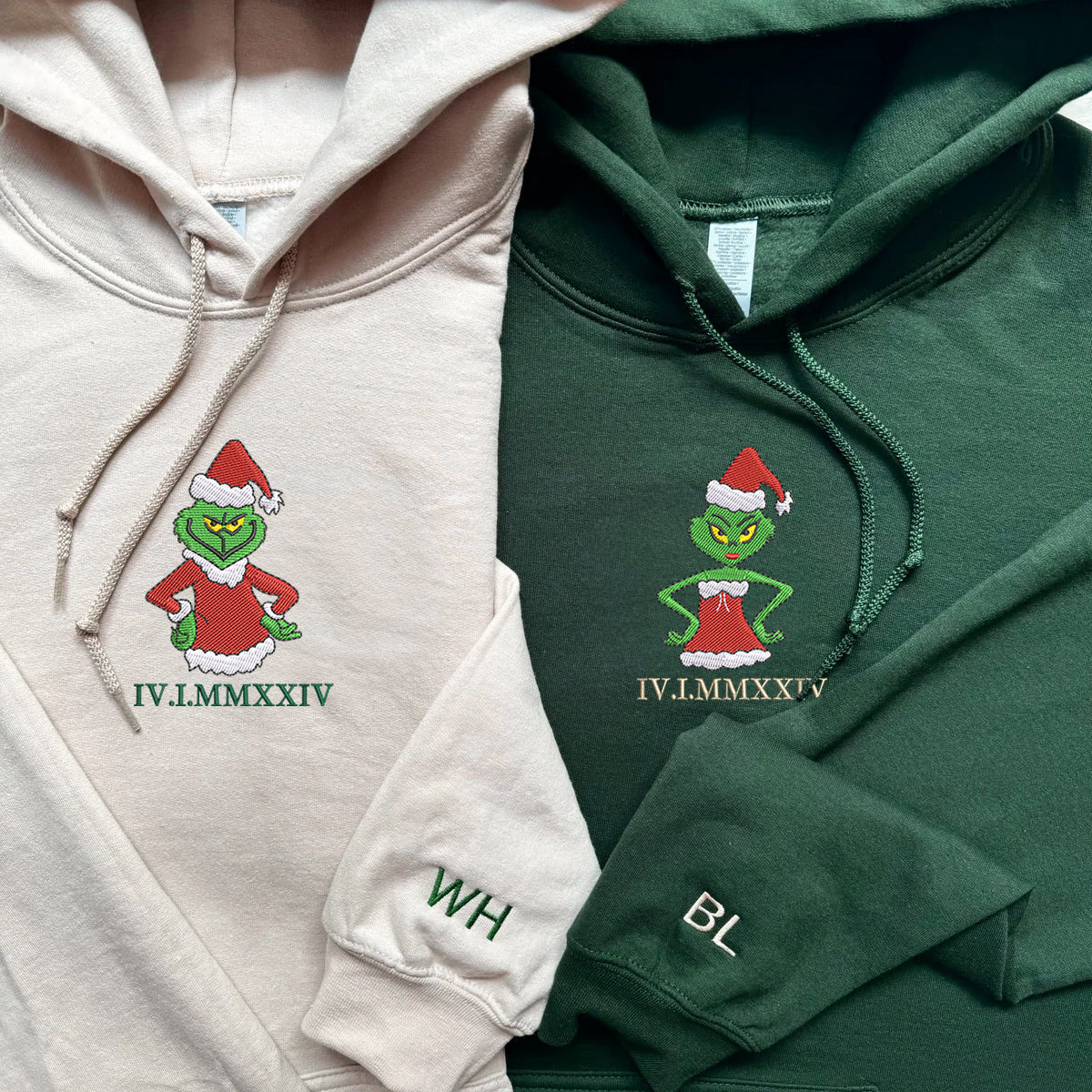 Custom Embroidered Roman Numeral Hoodies For Couples, Roman Numeral Date Hoodie, Christmas Green Cartoon Couples Embroidered Hoodie