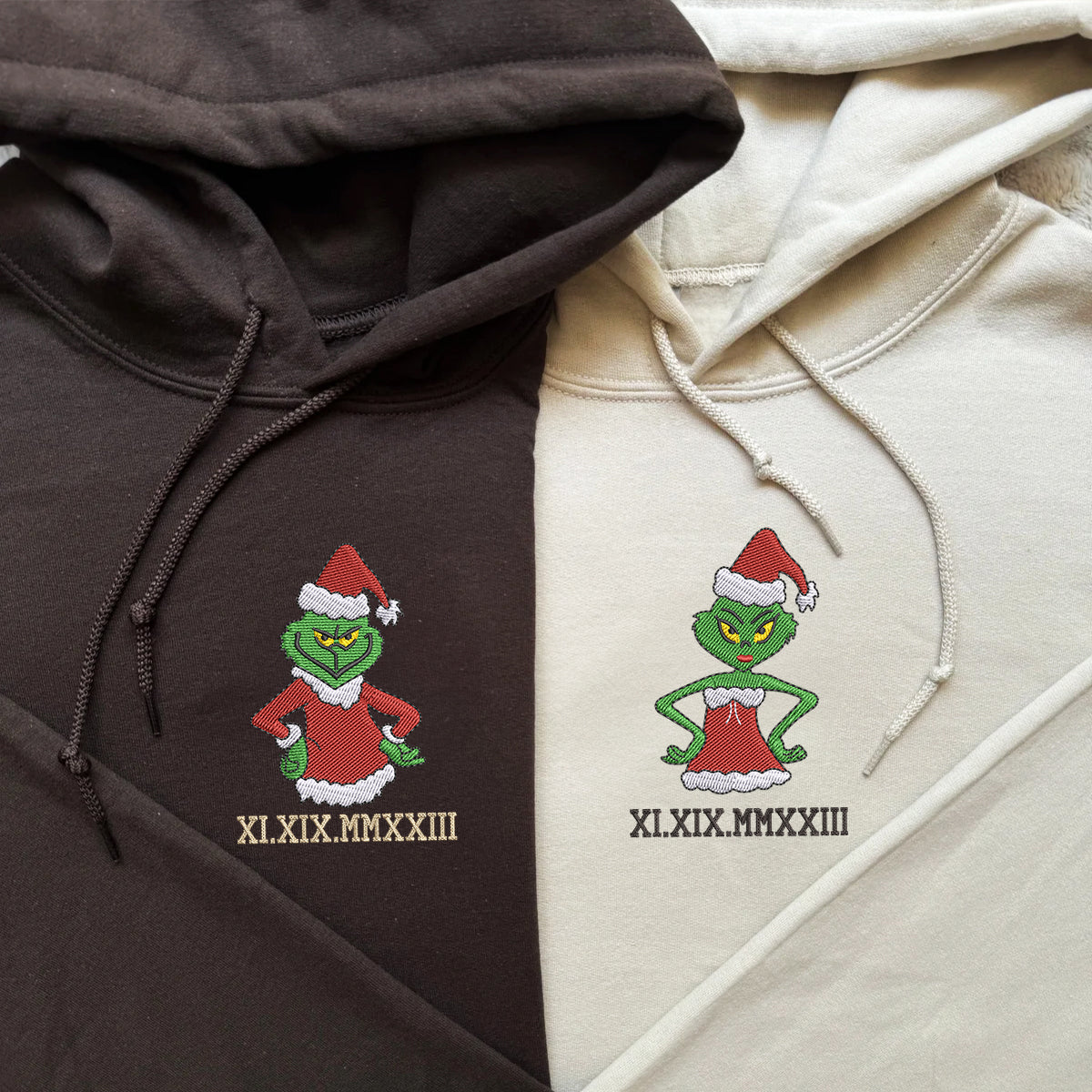 Custom Embroidered Roman Numeral Hoodies For Couples, Roman Numeral Date Hoodie, Christmas Green Cartoon Couples Embroidered Hoodie