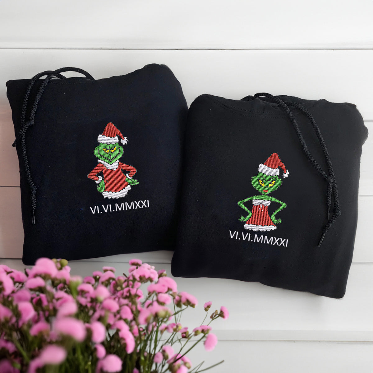 Custom Embroidered Roman Numeral Hoodies For Couples, Roman Numeral Date Hoodie, Christmas Green Cartoon Couples Embroidered Hoodie