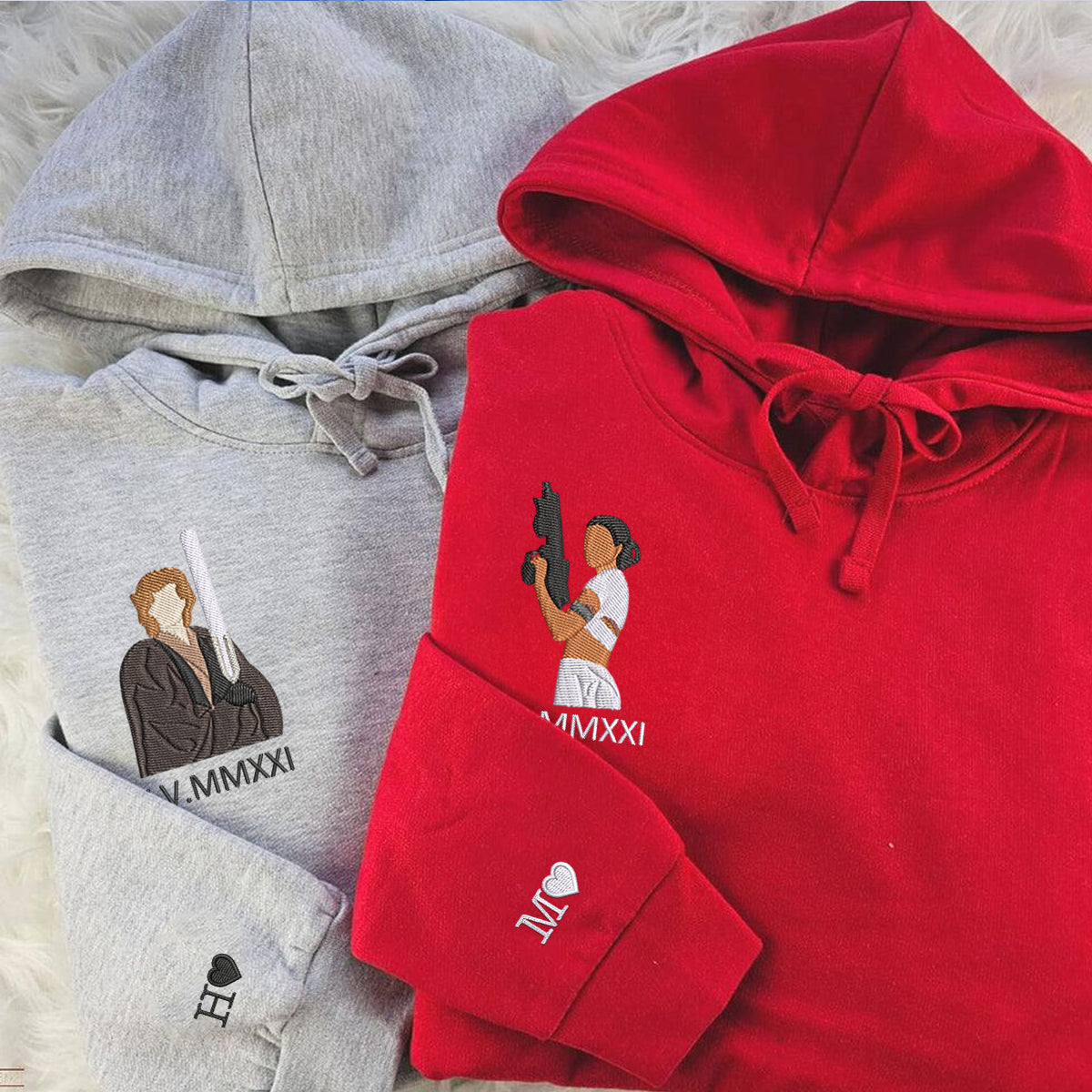 Custom Embroidered Roman Numeral Hoodies For Couples, Roman Numeral Date Hoodie, Cute Cartoon Anakin x Padme Couples Embroidered Hoodie