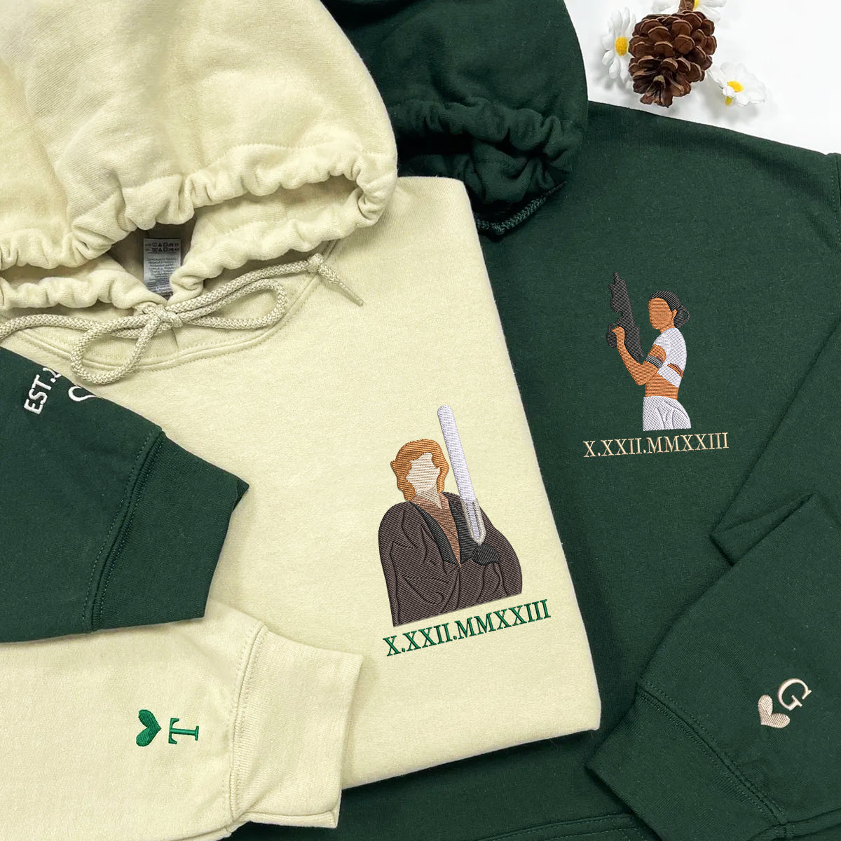 Custom Embroidered Roman Numeral Hoodies For Couples, Roman Numeral Date Hoodie, Cute Cartoon Anakin x Padme Couples Embroidered Hoodie