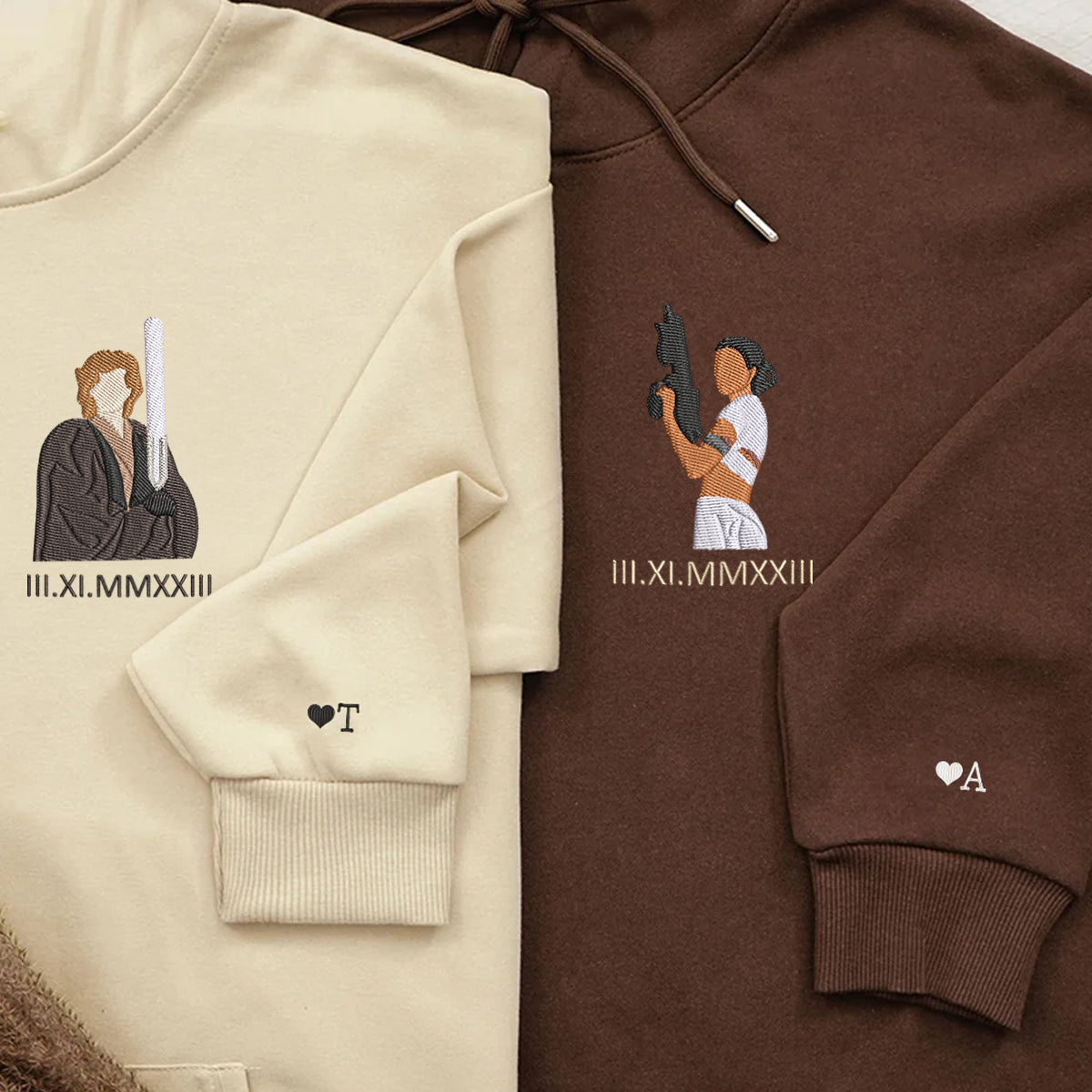 Custom Embroidered Roman Numeral Hoodies For Couples, Roman Numeral Date Hoodie, Cute Cartoon Anakin x Padme Couples Embroidered Hoodie