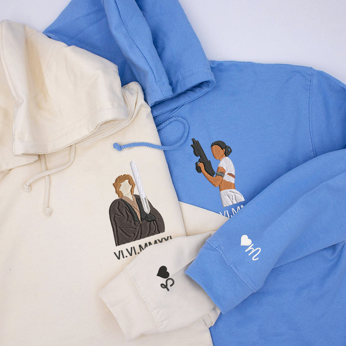 Custom Embroidered Roman Numeral Hoodies For Couples, Roman Numeral Date Hoodie, Cute Cartoon Anakin x Padme Couples Embroidered Hoodie