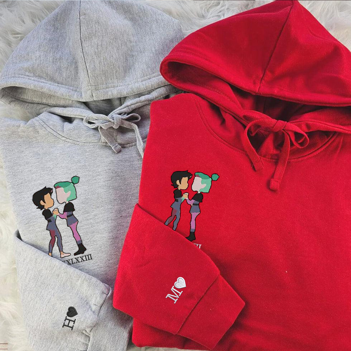 Custom Embroidered Roman Numeral Hoodies For Couples, Roman Numeral Date Hoodie, Cute Cartoon Couples Embroidered Hoodie