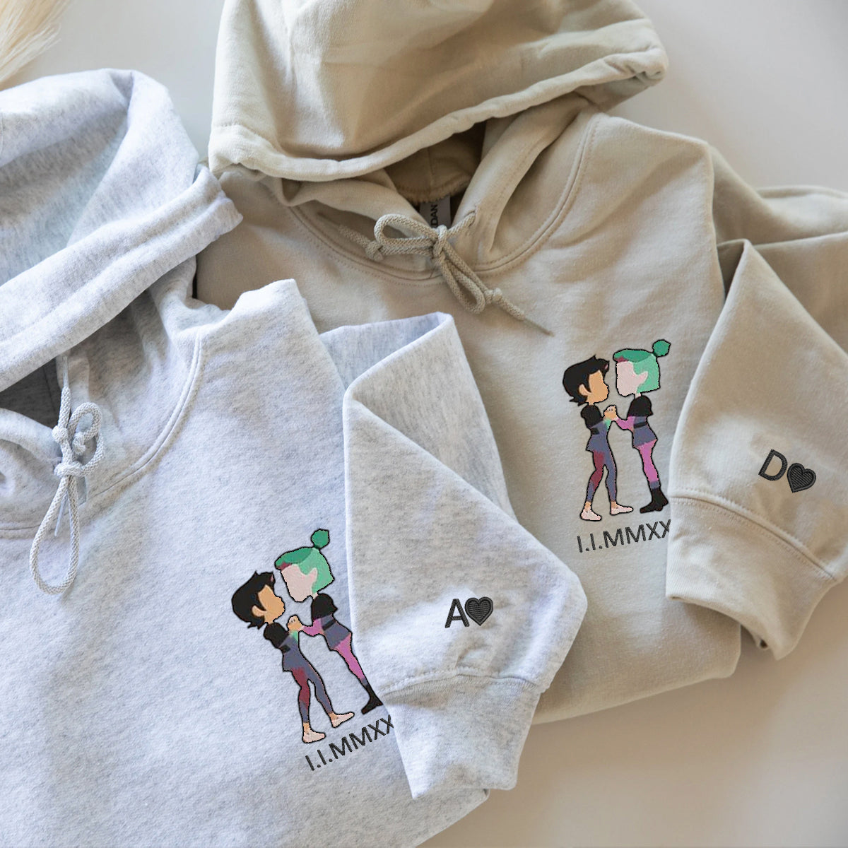 Custom Embroidered Roman Numeral Hoodies For Couples, Roman Numeral Date Hoodie, Cute Cartoon Couples Embroidered Hoodie
