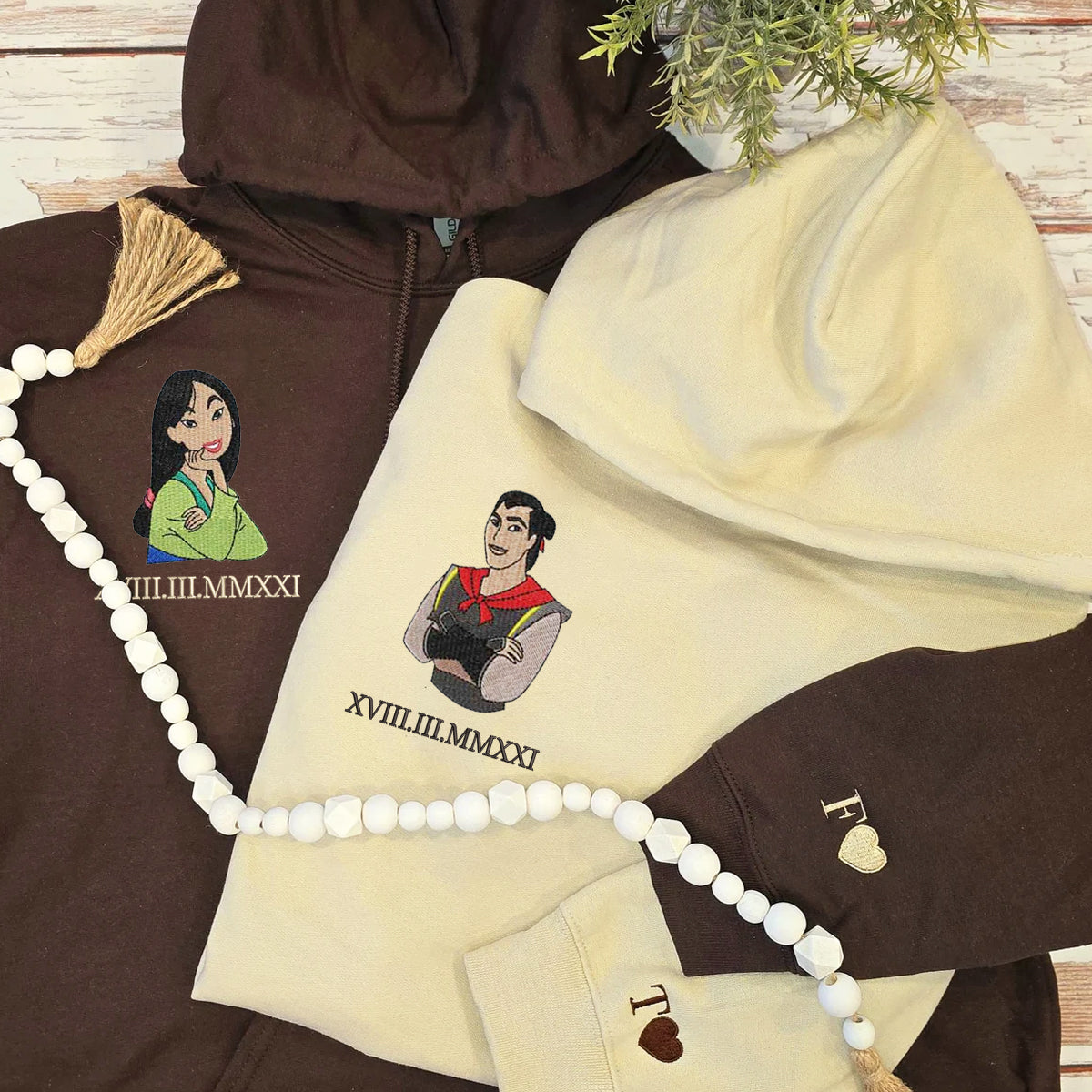 Custom Embroidered Roman Numeral Hoodies For Couples, Roman Numeral Date Hoodie, Cute Cartoon Couples Embroidered Hoodie V1