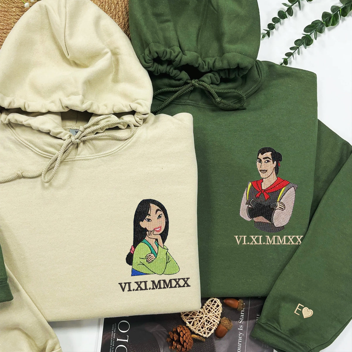 Custom Embroidered Roman Numeral Hoodies For Couples, Roman Numeral Date Hoodie, Cute Cartoon Couples Embroidered Hoodie V1