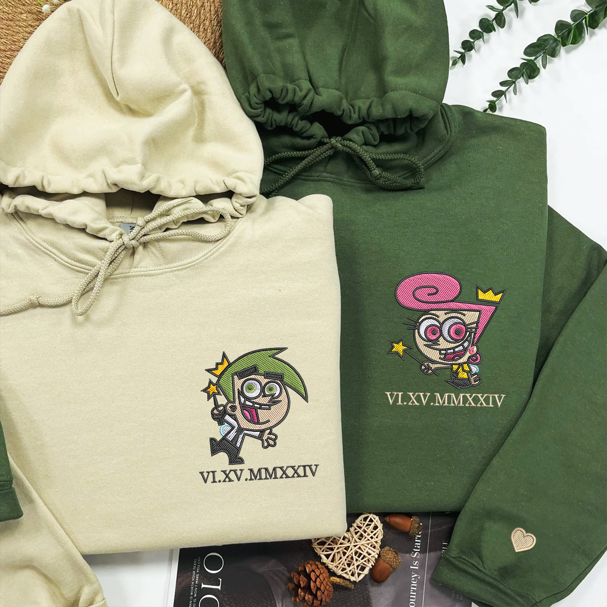 Custom Embroidered Roman Numeral Hoodies For Couples, Roman Numeral Date Hoodie, Cute Cartoon Fairy Couples Embroidered Hoodie