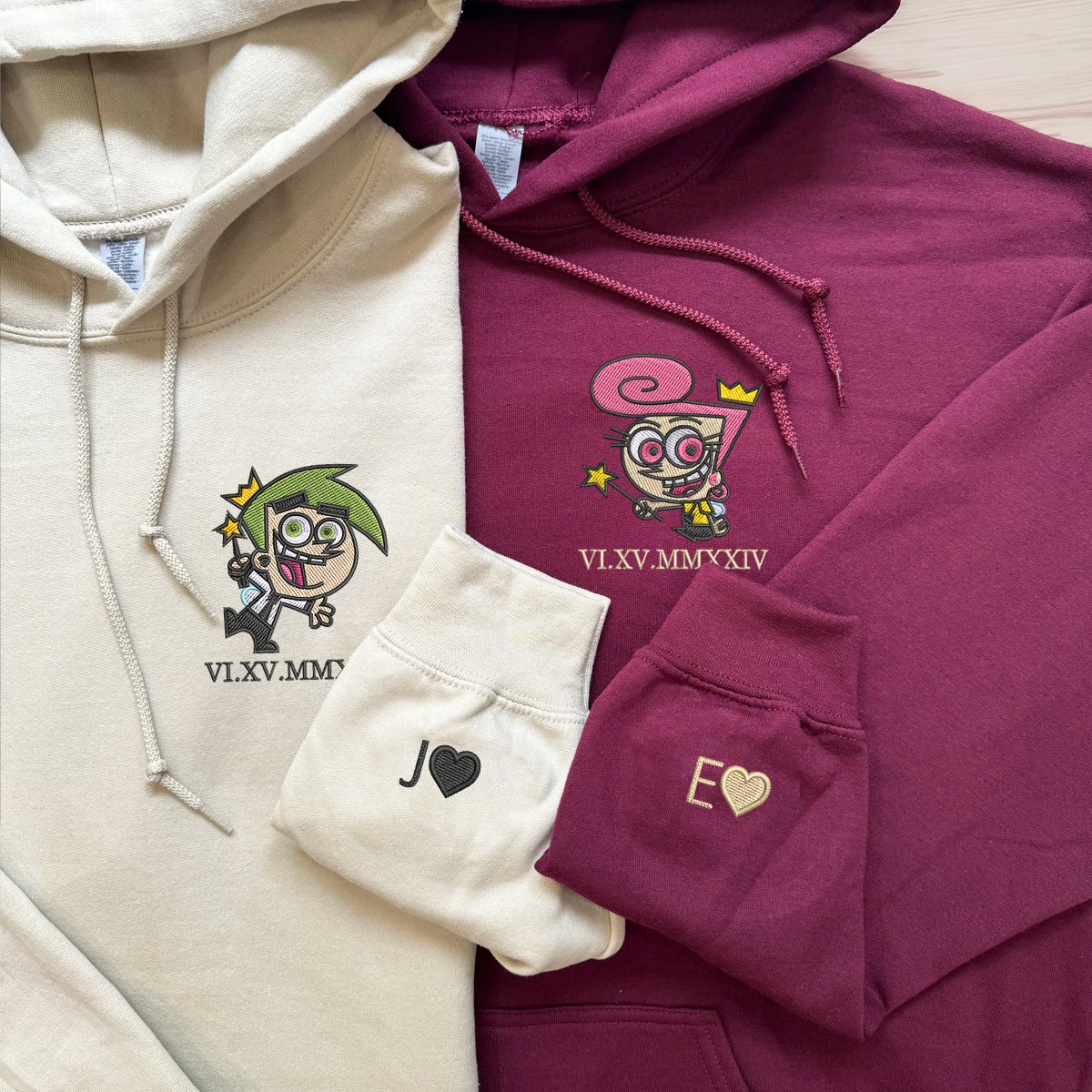 Custom Embroidered Roman Numeral Hoodies For Couples, Roman Numeral Date Hoodie, Cute Cartoon Fairy Couples Embroidered Hoodie