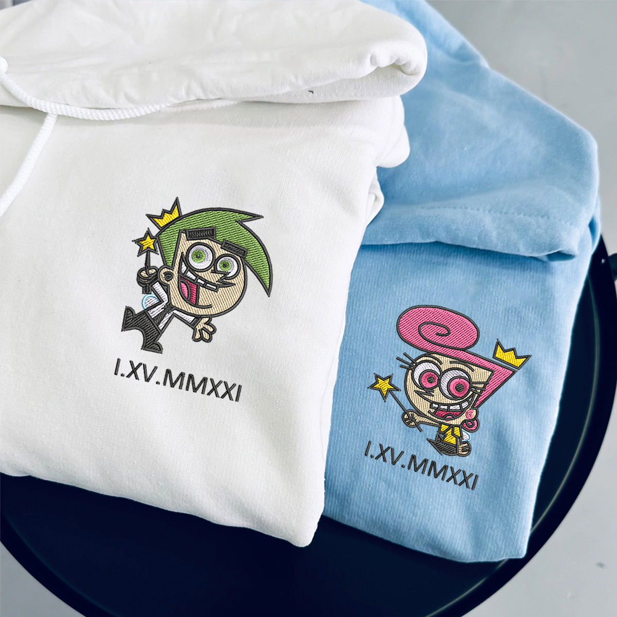 Custom Embroidered Roman Numeral Hoodies For Couples, Roman Numeral Date Hoodie, Cute Cartoon Fairy Couples Embroidered Hoodie