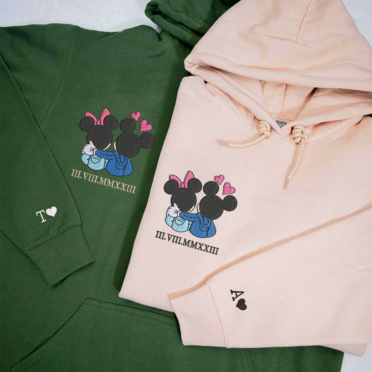 Custom Embroidered Roman Numeral Hoodies For Couples, Roman Numeral Date Hoodie, Cute Cartoon Mouse Hearts Couples Embroidered Hoodie