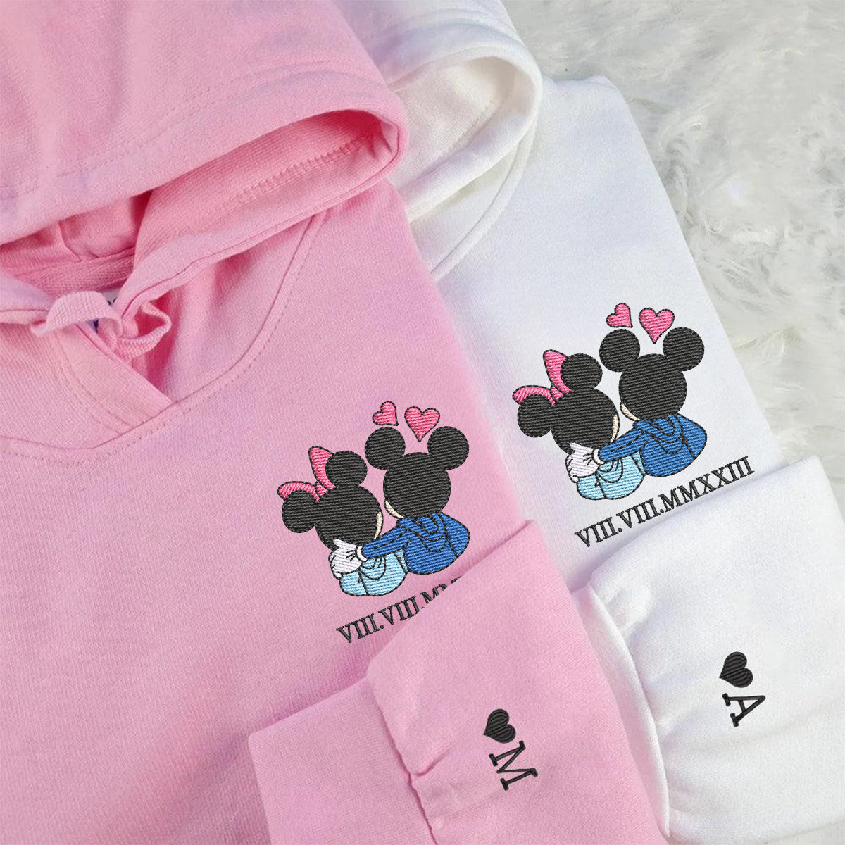 Custom Embroidered Roman Numeral Hoodies For Couples, Roman Numeral Date Hoodie, Cute Cartoon Mouse Hearts Couples Embroidered Hoodie
