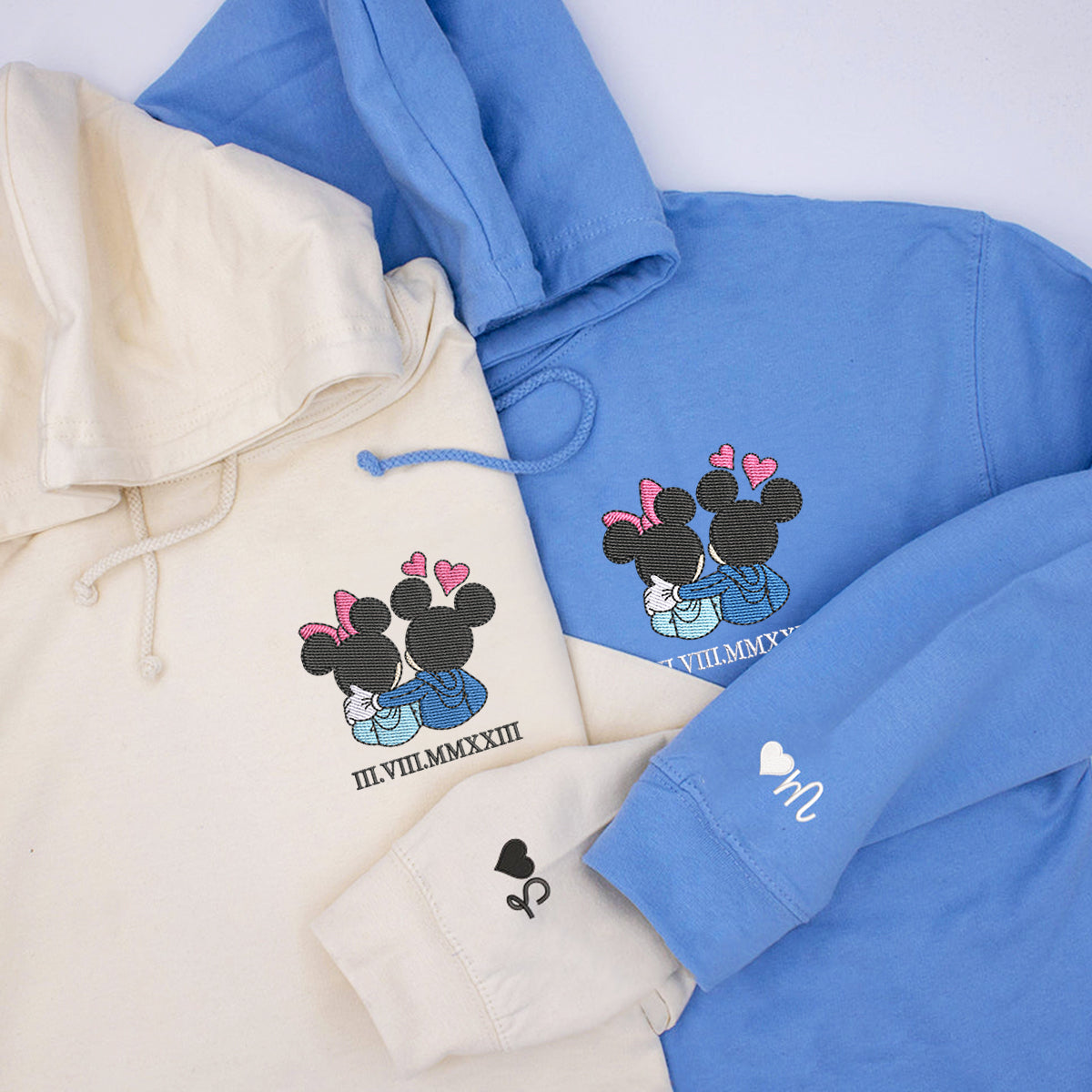 Custom Embroidered Roman Numeral Hoodies For Couples, Roman Numeral Date Hoodie, Cute Cartoon Mouse Hearts Couples Embroidered Hoodie