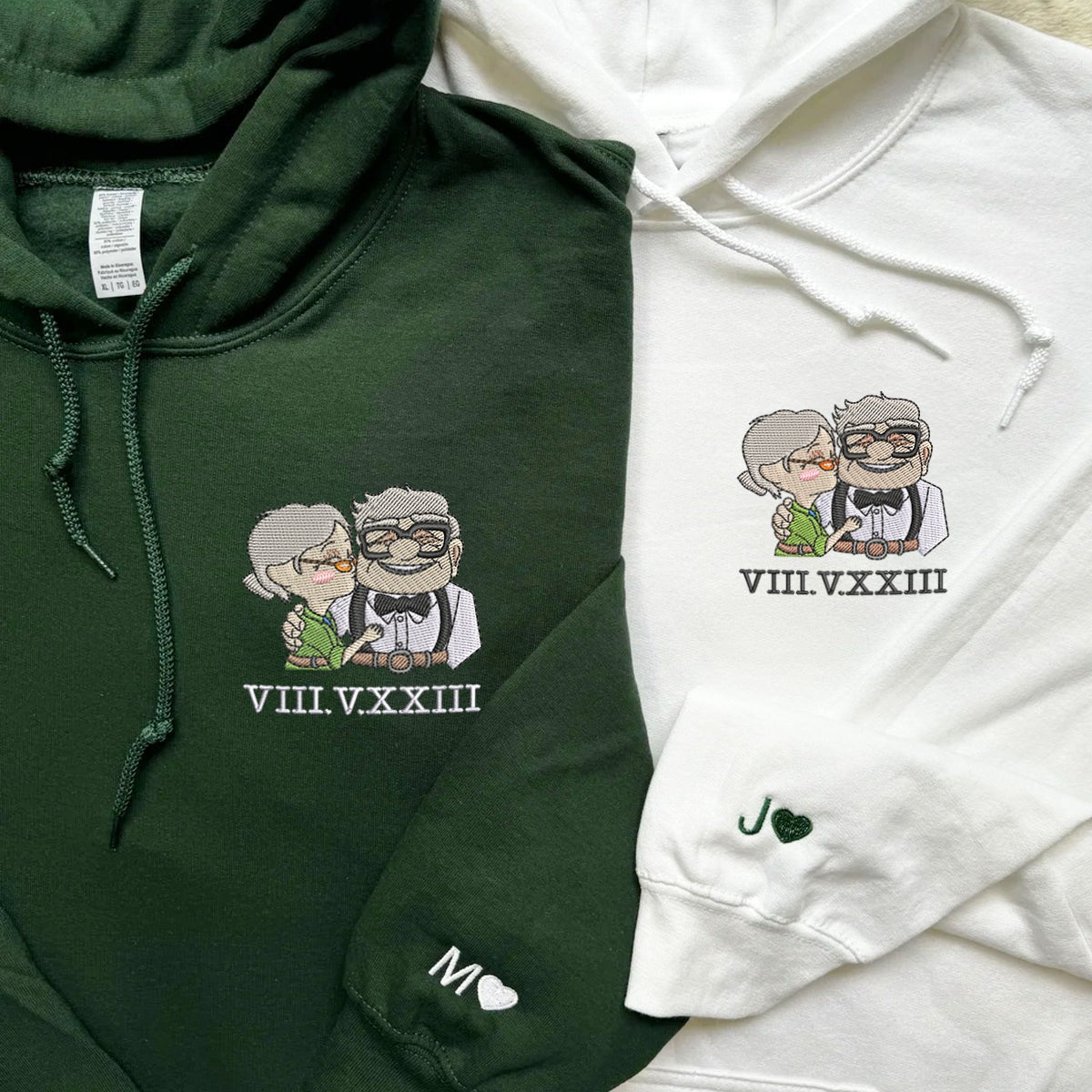 Custom Embroidered Roman Numeral Hoodies For Couples, Roman Numeral Date Hoodie, Cute Ellie x Carl Couples Embroidered Hoodie V2