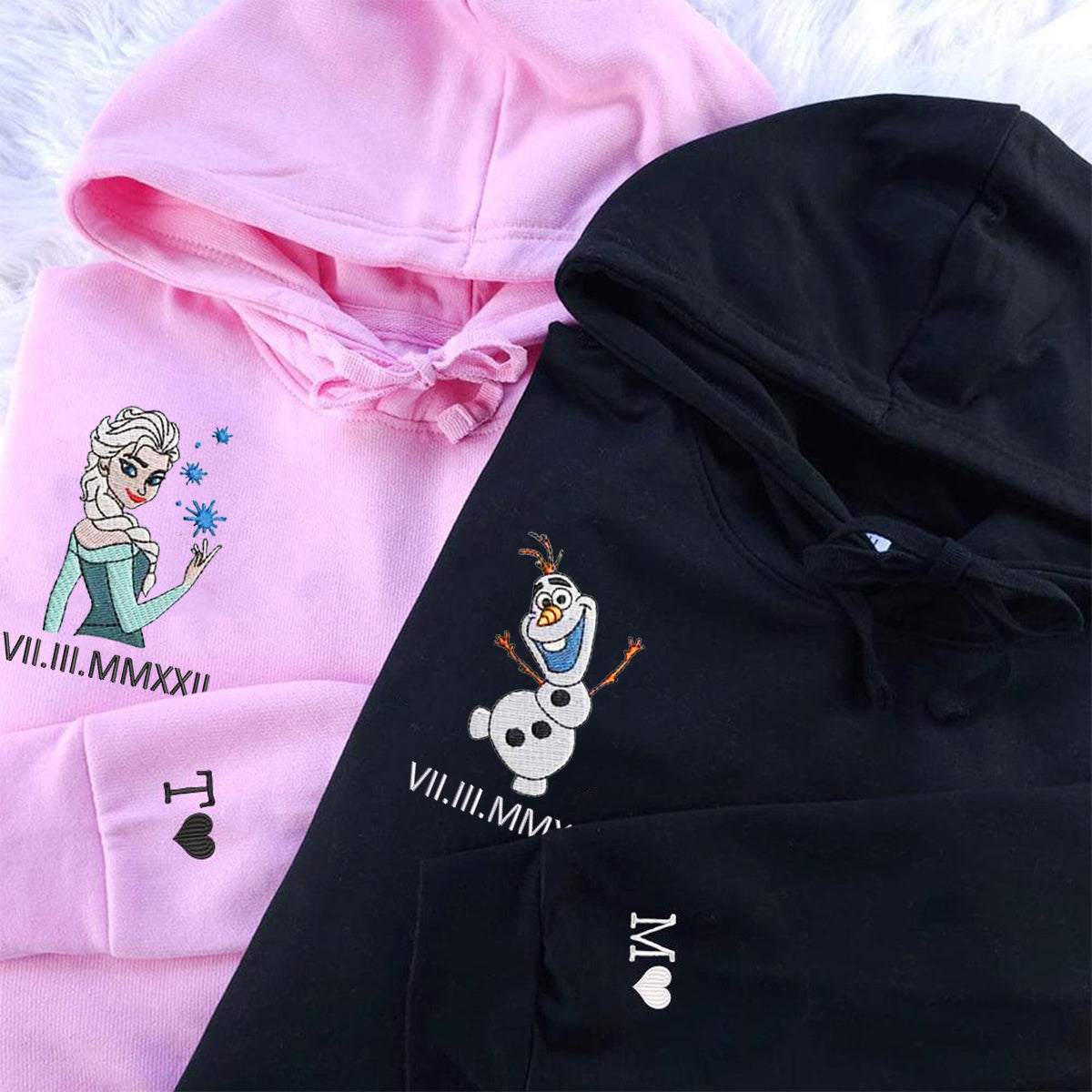 Custom Embroidered Roman Numeral Hoodies For Couples, Roman Numeral Date Hoodie, Cute Frozen Princess Couples Embroidered Hoodie