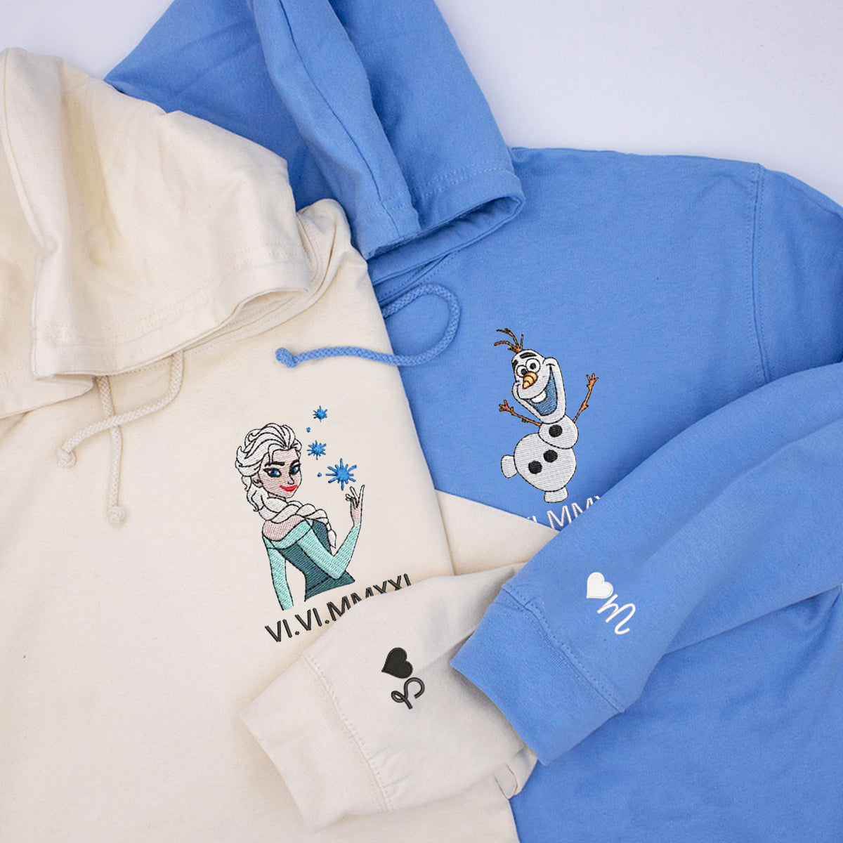 Custom Embroidered Roman Numeral Hoodies For Couples, Roman Numeral Date Hoodie, Cute Frozen Princess Couples Embroidered Hoodie