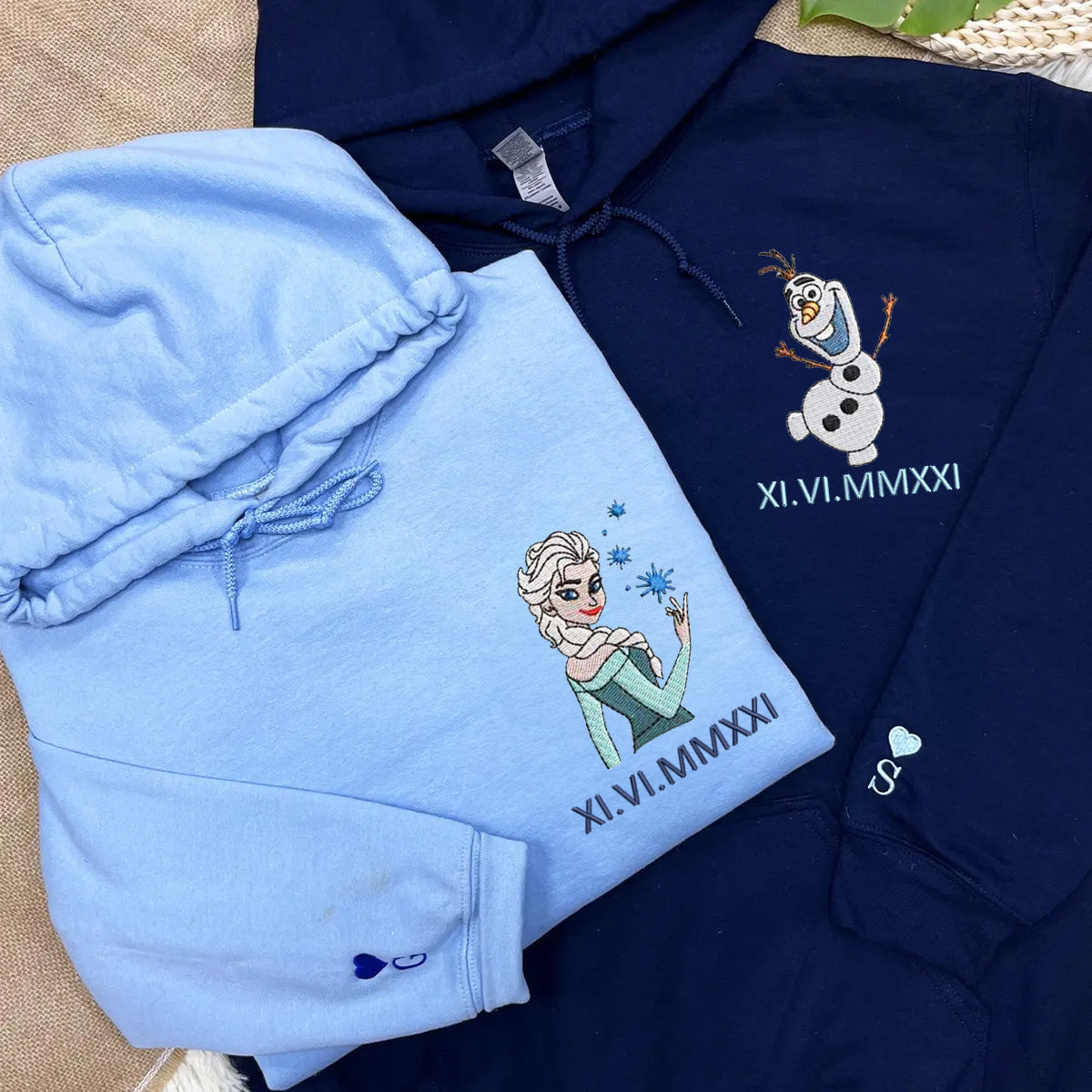 Custom Embroidered Roman Numeral Hoodies For Couples, Roman Numeral Date Hoodie, Cute Frozen Princess Couples Embroidered Hoodie