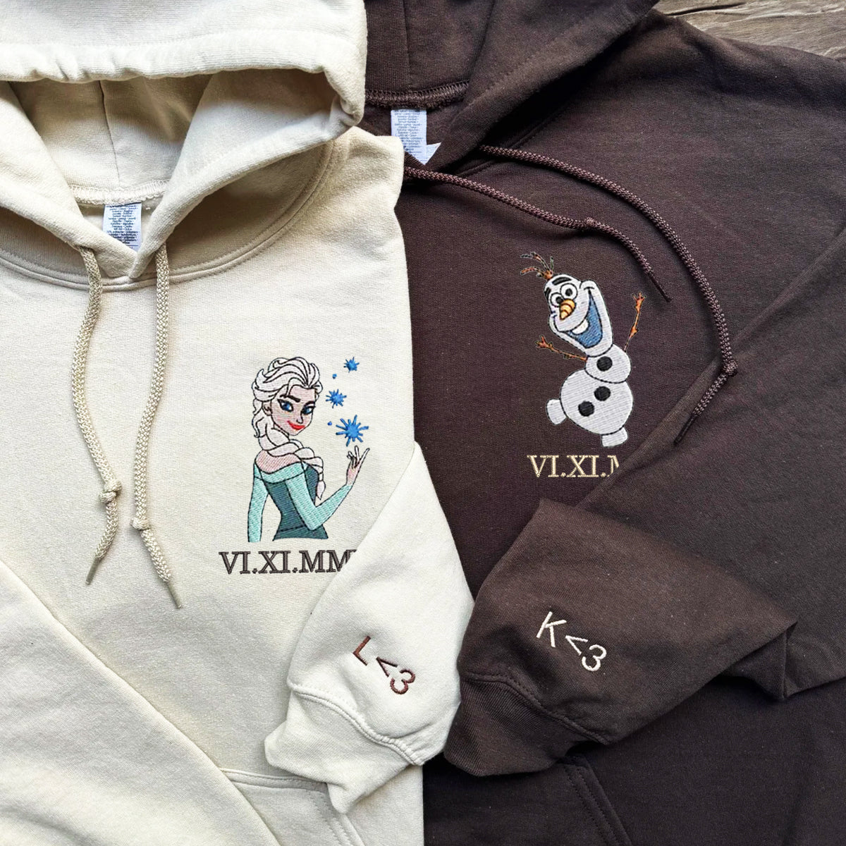 Custom Embroidered Roman Numeral Hoodies For Couples, Roman Numeral Date Hoodie, Cute Frozen Princess Couples Embroidered Hoodie