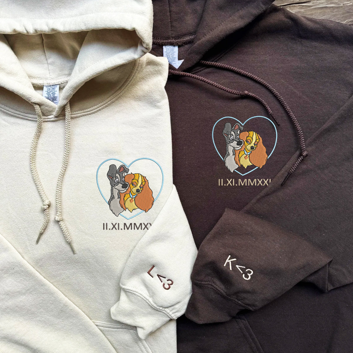 Custom Embroidered Roman Numeral Hoodies For Couples, Roman Numeral Date Hoodie, Cute Lady The Tramp Couples Embroidered Hoodie