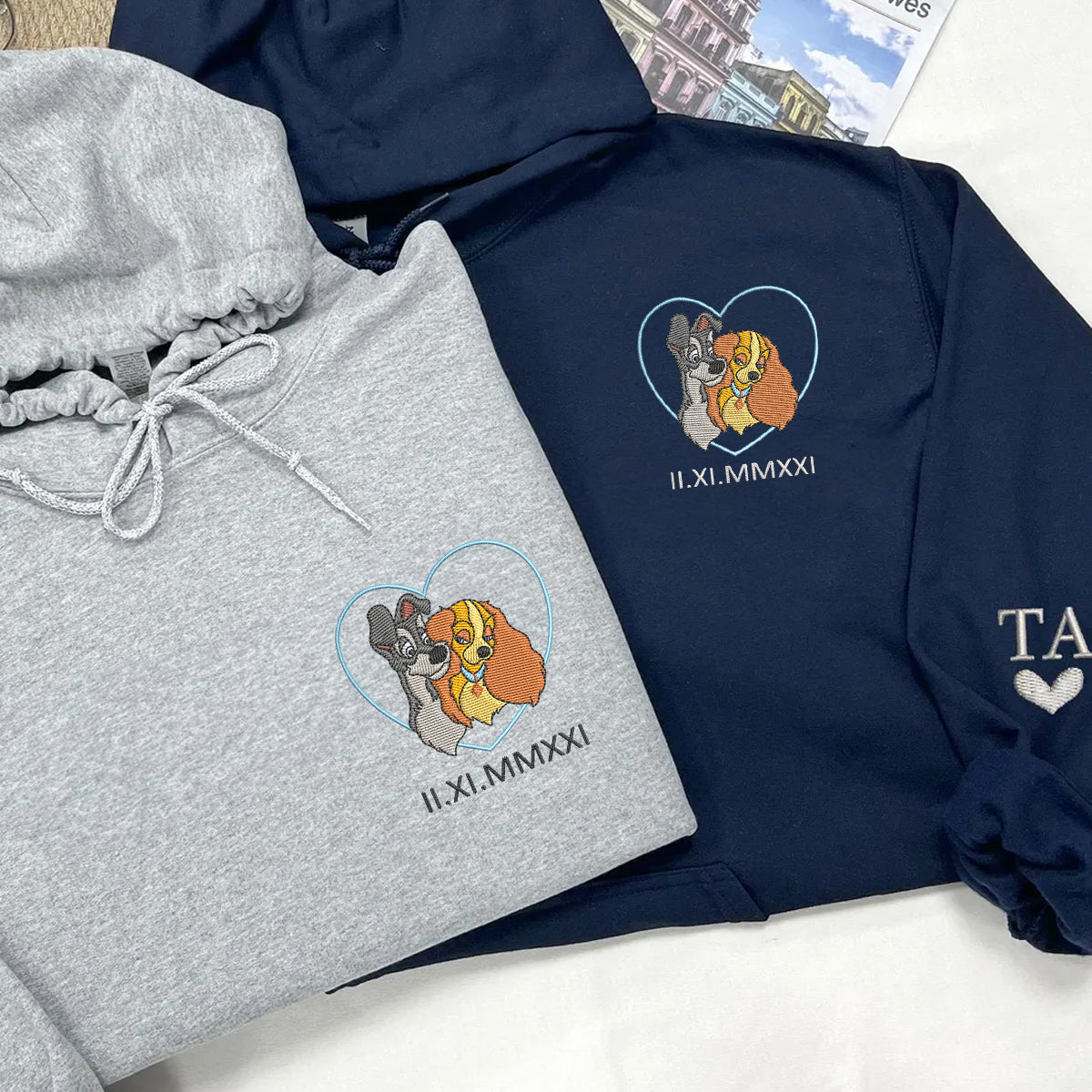 Custom Embroidered Roman Numeral Hoodies For Couples, Roman Numeral Date Hoodie, Cute Lady The Tramp Couples Embroidered Hoodie