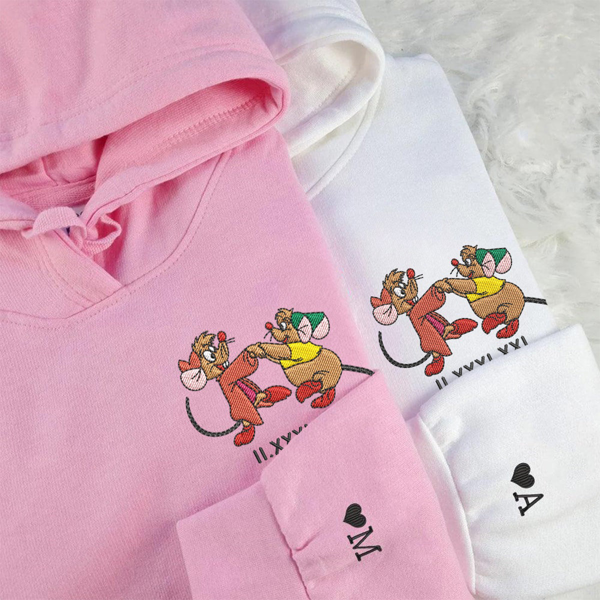 Custom Embroidered Roman Numeral Hoodies For Couples, Roman Numeral Date Hoodie, Cute Mouse Couples Embroidered Hoodie
