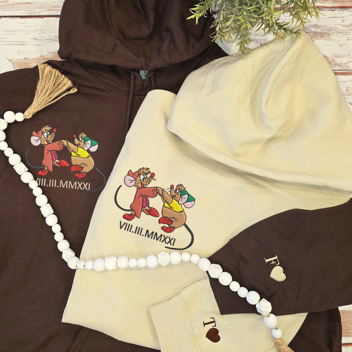 Custom Embroidered Roman Numeral Hoodies For Couples, Roman Numeral Date Hoodie, Cute Mouse Couples Embroidered Hoodie