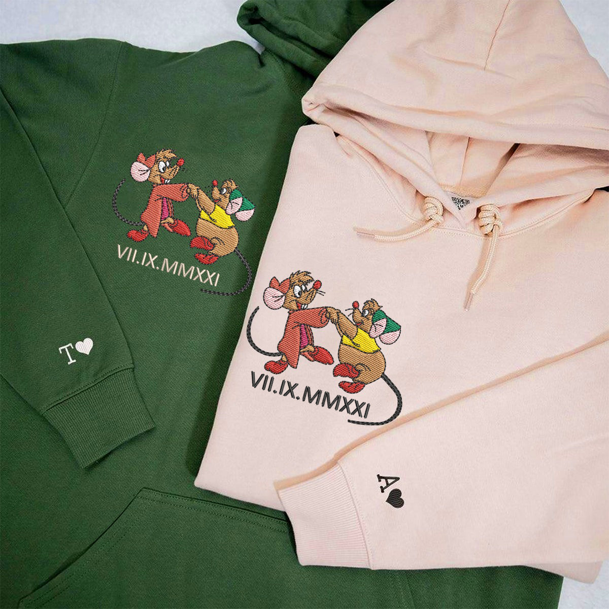 Custom Embroidered Roman Numeral Hoodies For Couples, Roman Numeral Date Hoodie, Cute Mouse Couples Embroidered Hoodie
