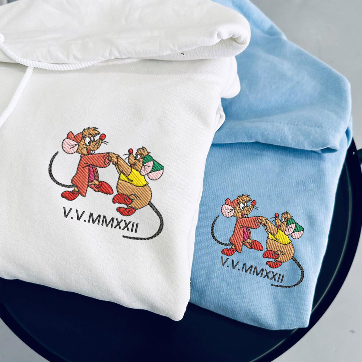 Custom Embroidered Roman Numeral Hoodies For Couples, Roman Numeral Date Hoodie, Cute Mouse Couples Embroidered Hoodie