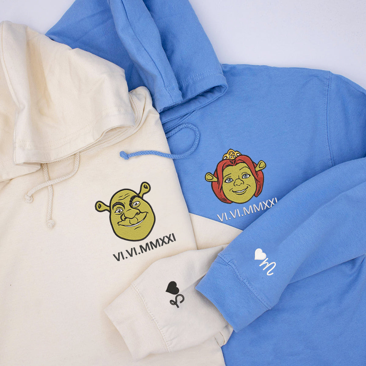 Custom Embroidered Roman Numeral Hoodies For Couples, Roman Numeral Date Hoodie, Cute Orge Cartoon Couples Embroidered Hoodie