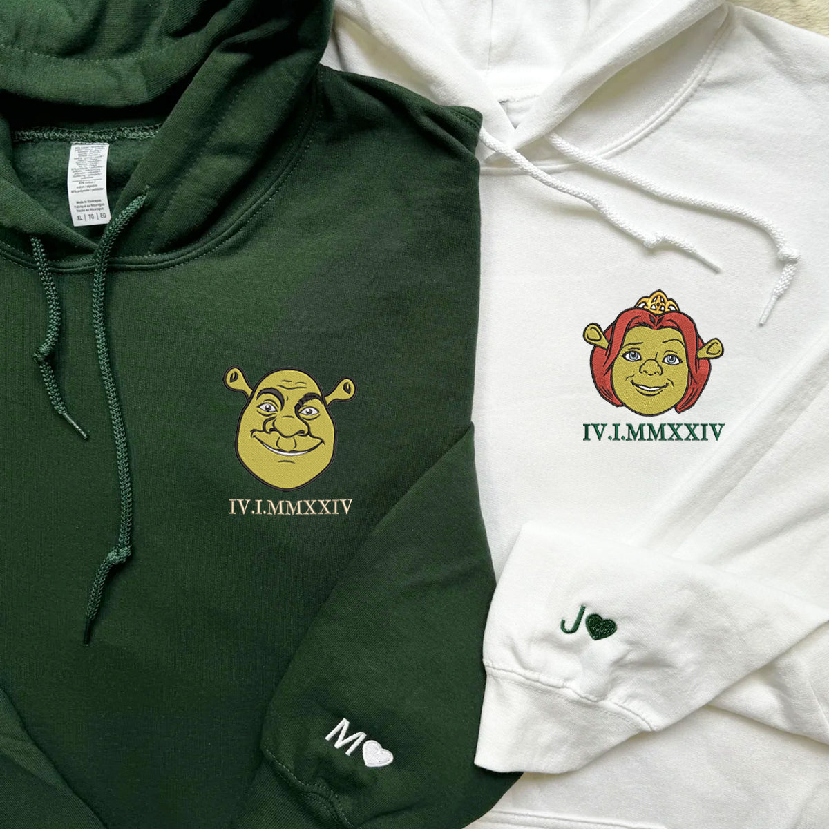 Custom Embroidered Roman Numeral Hoodies For Couples, Roman Numeral Date Hoodie, Cute Orge Cartoon Couples Embroidered Hoodie