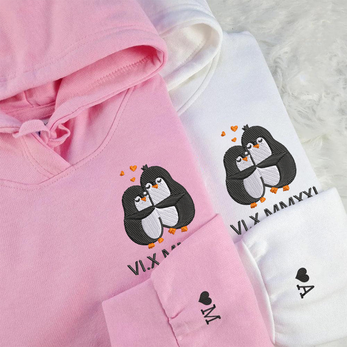 Custom Embroidered Roman Numeral Hoodies For Couples, Roman Numeral Date Hoodie, Cute Penguin Couples Embroidered Hoodie