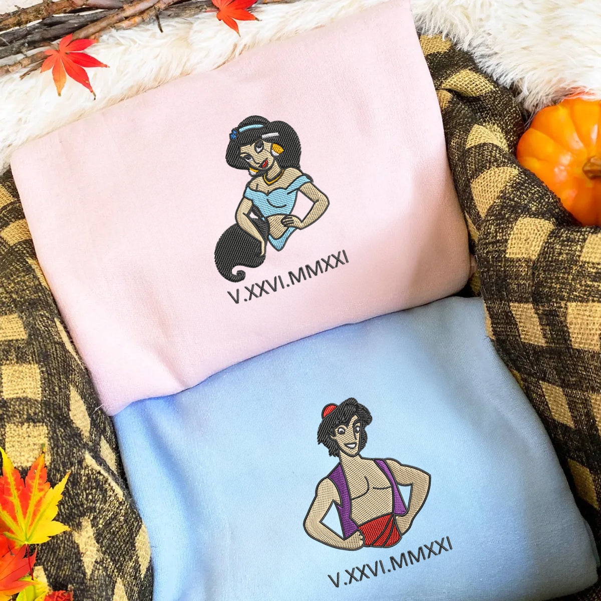 Custom Embroidered Roman Numeral Hoodies For Couples, Roman Numeral Date Hoodie, Cute Princess Couples Embroidered Hoodie V1